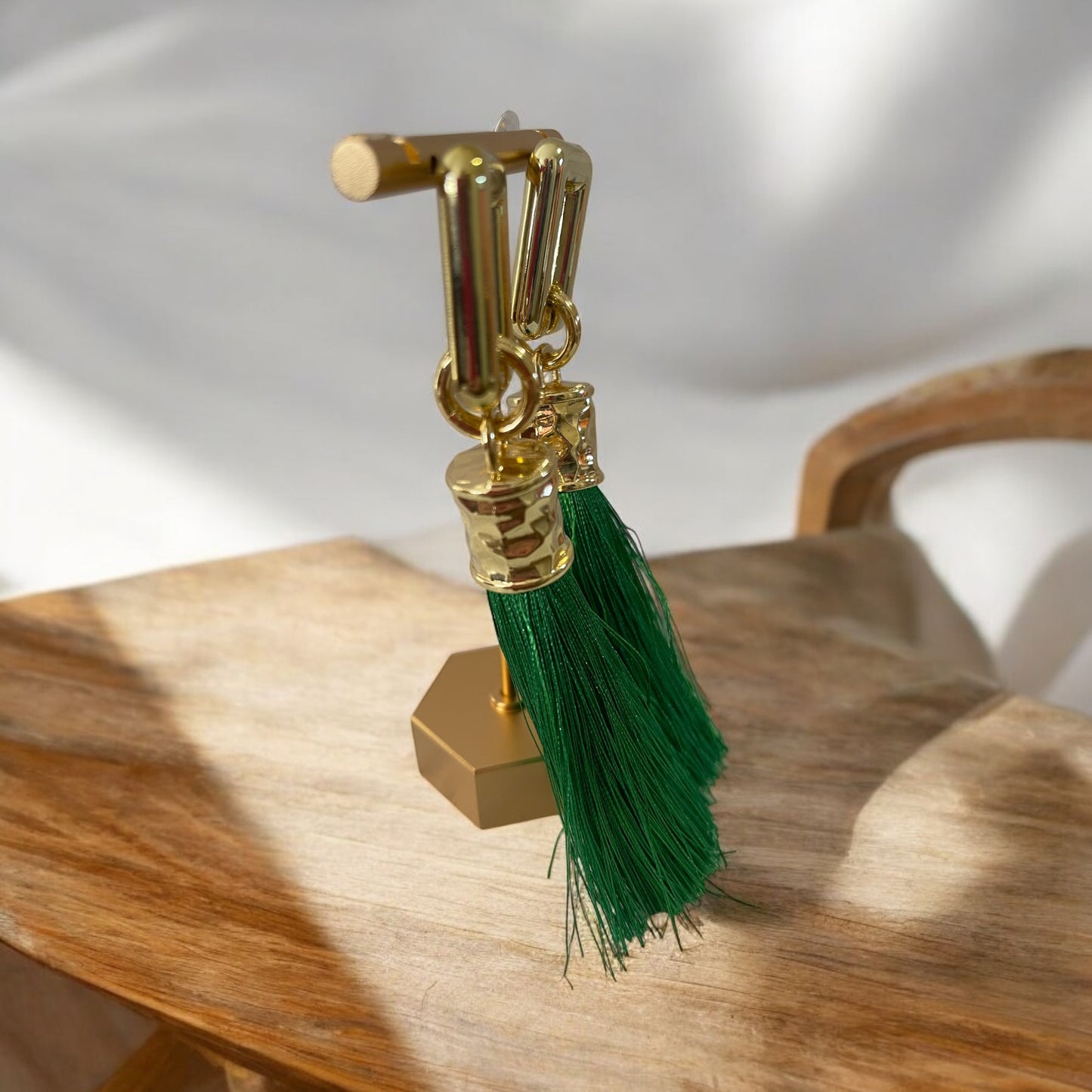 Luxe Emerald Green Tassel Earrings with Gold Accents