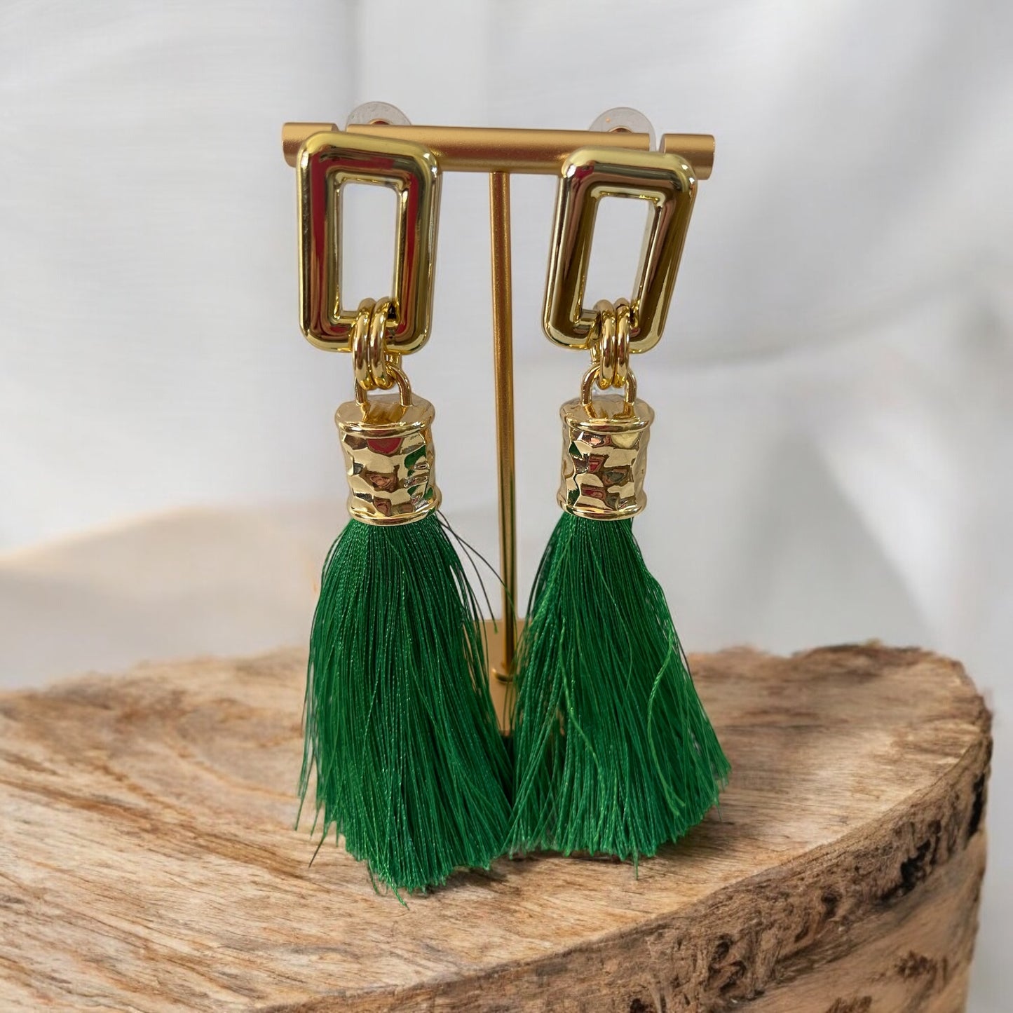 Luxe Emerald Green Tassel Earrings with Gold Accents