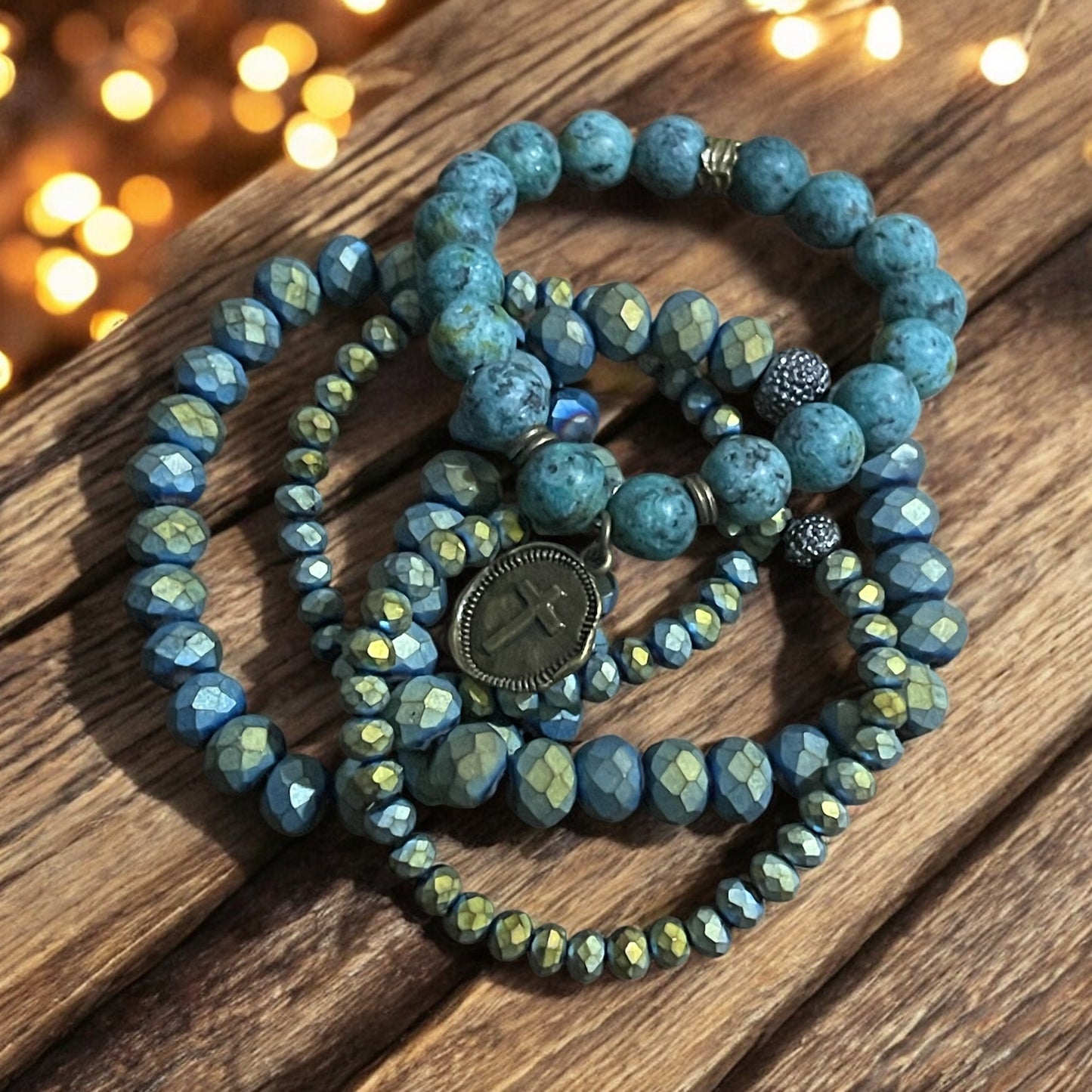 Teal Faith Stack Bracelet Set – Sparkling Faceted Beads & Antique Cross Charm