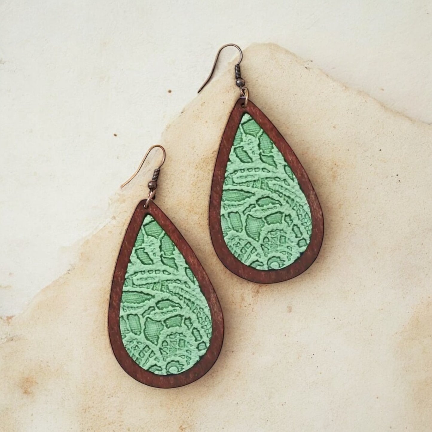 Green Lace and Wood Teardrop Earrings