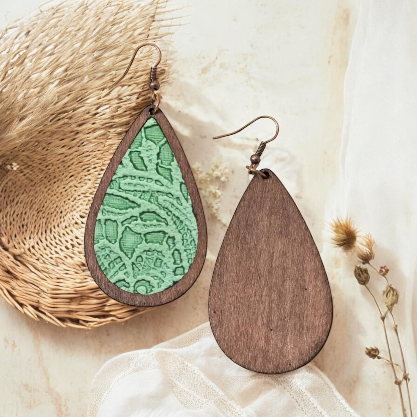 Green Lace and Wood Teardrop Earrings