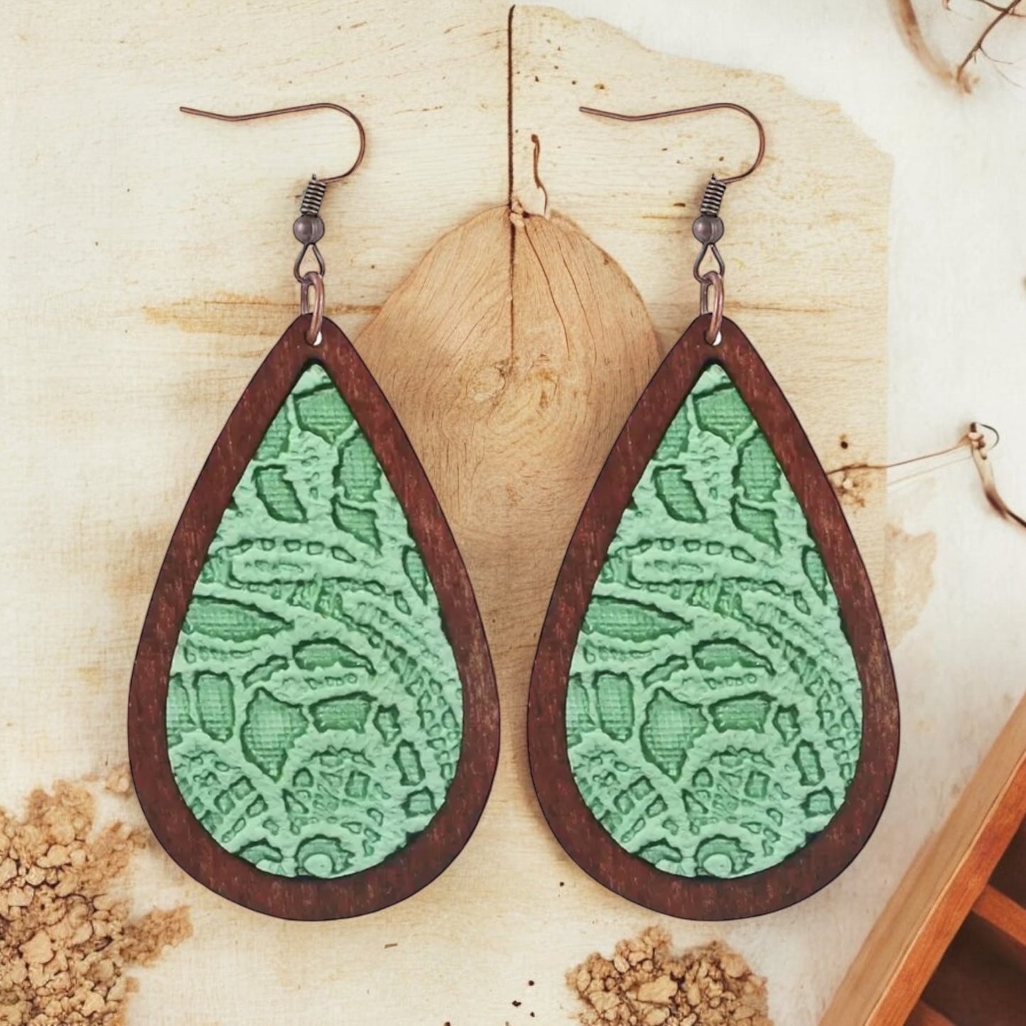 Green Lace and Wood Teardrop Earrings