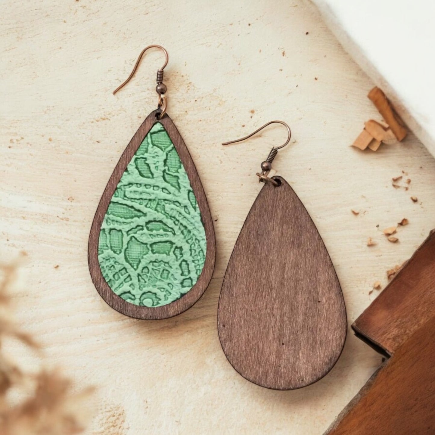 Green Lace and Wood Teardrop Earrings