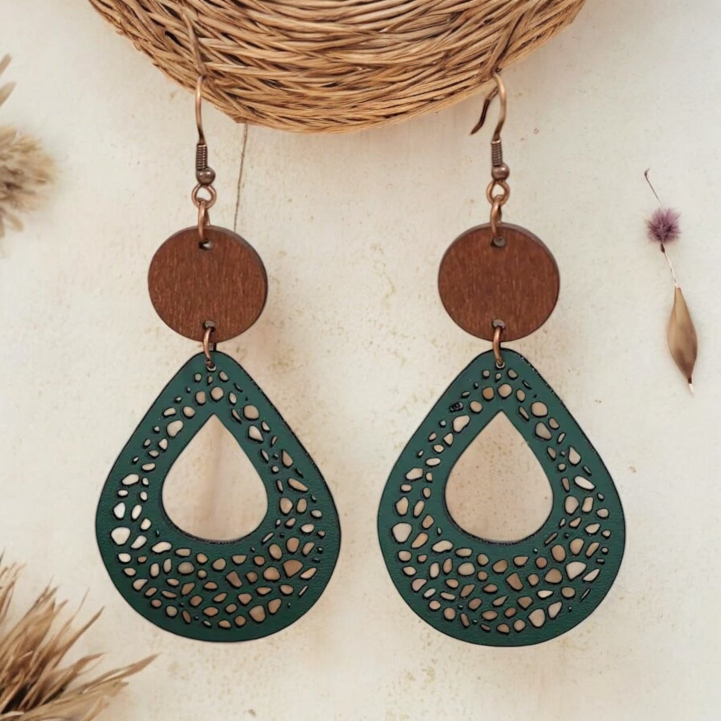 Green Faux Leather and Wood Teardrop Earrings