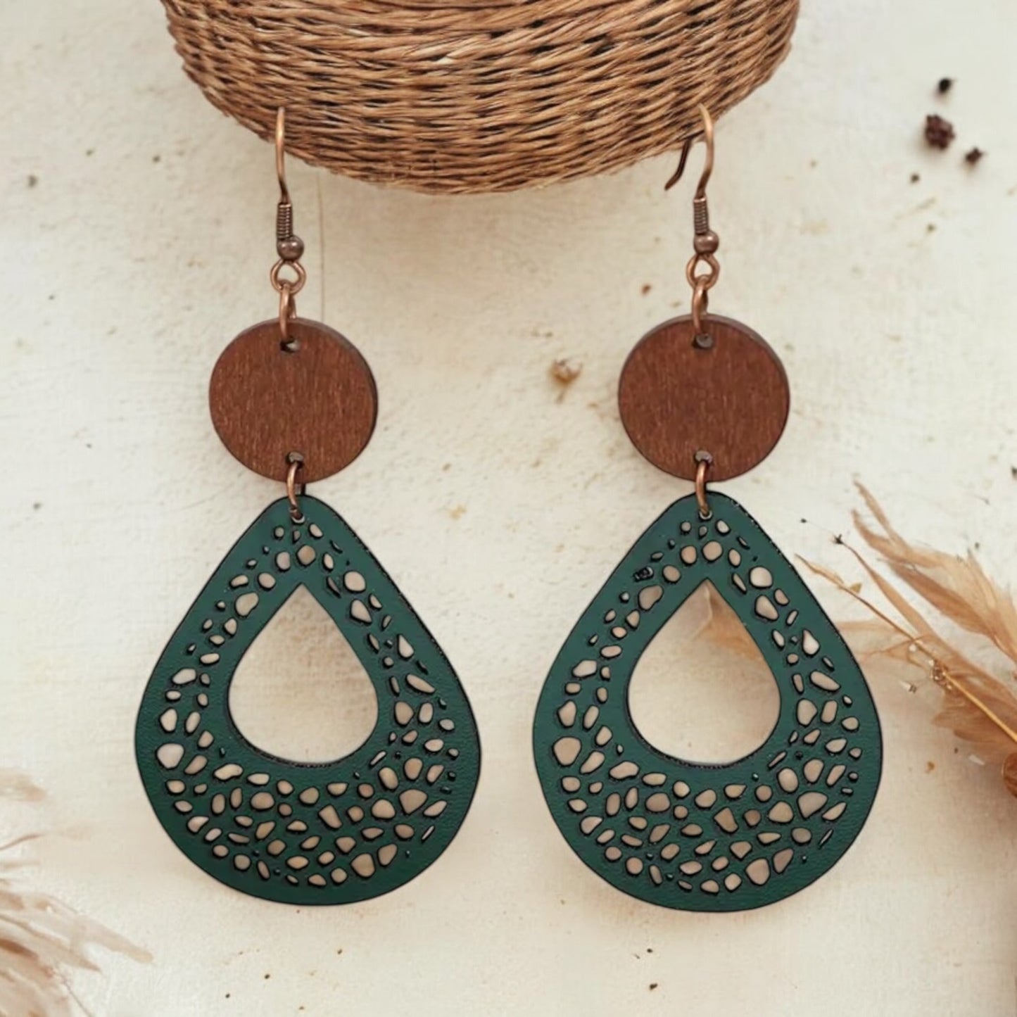 Green Faux Leather and Wood Teardrop Earrings