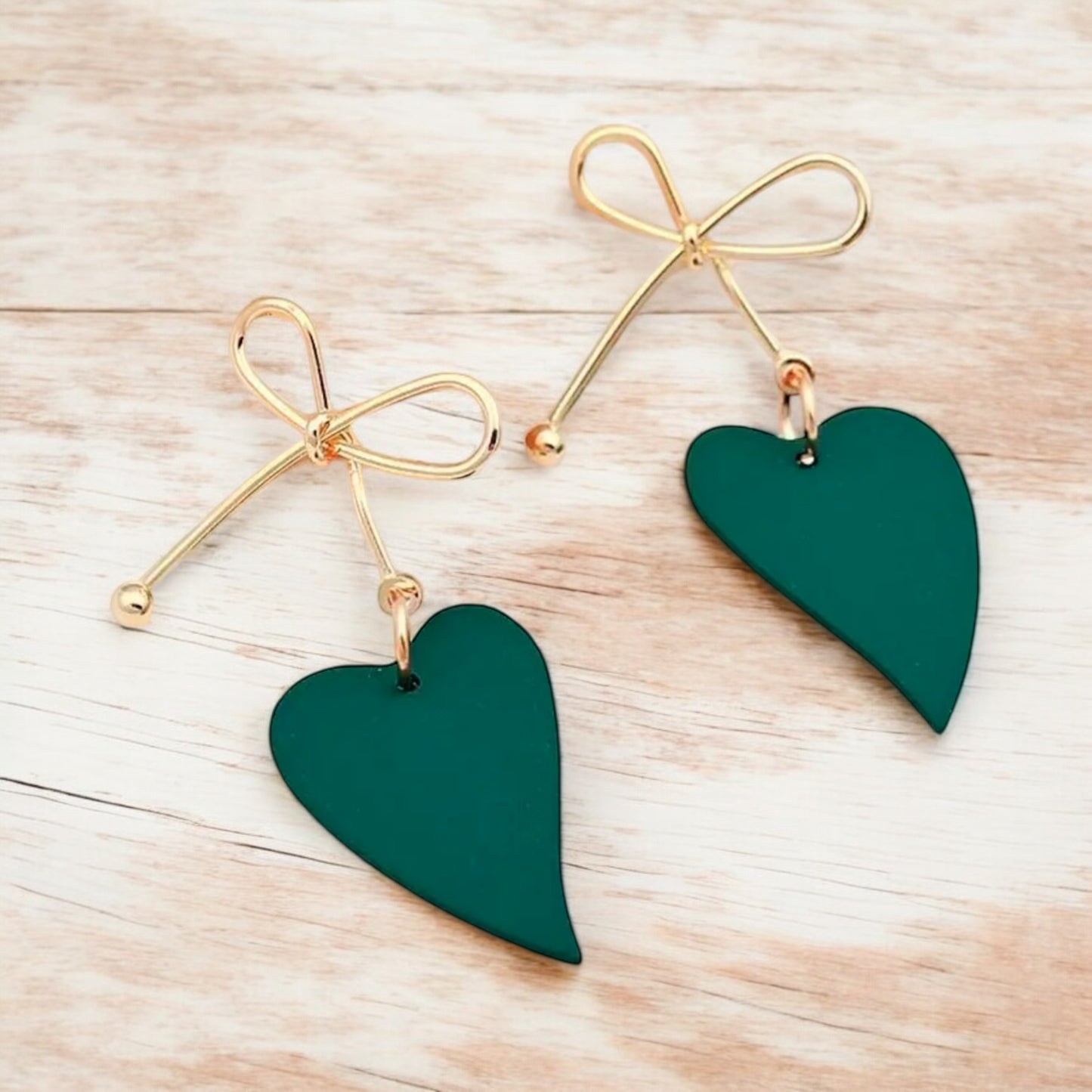 Green Heart & Gold Bow Dangle Earrings