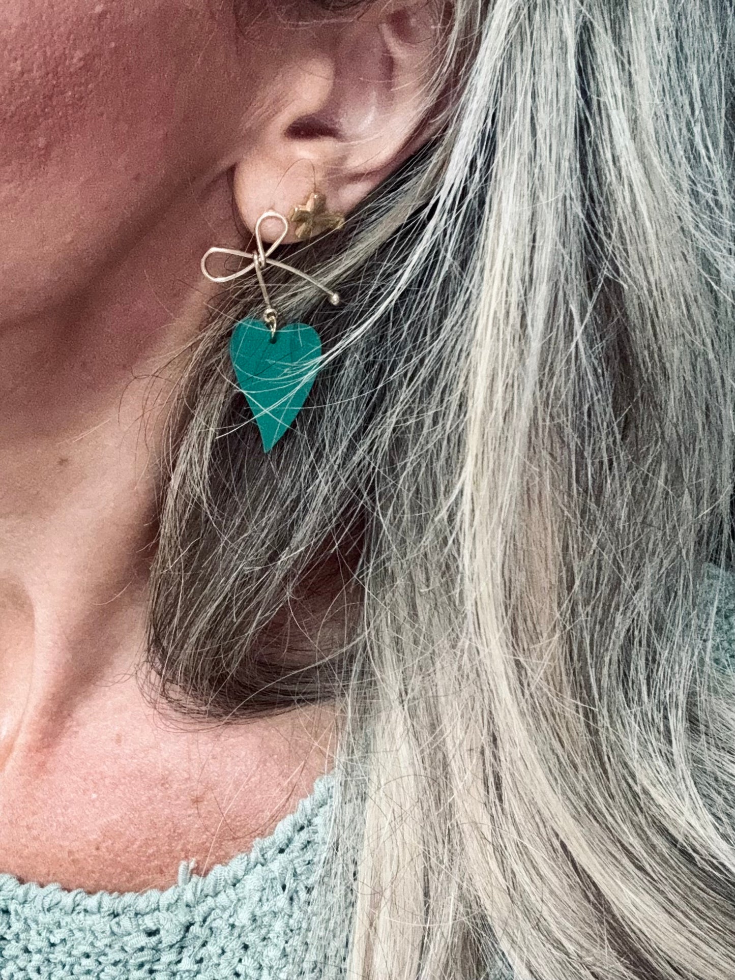 Green Heart & Gold Bow Dangle Earrings