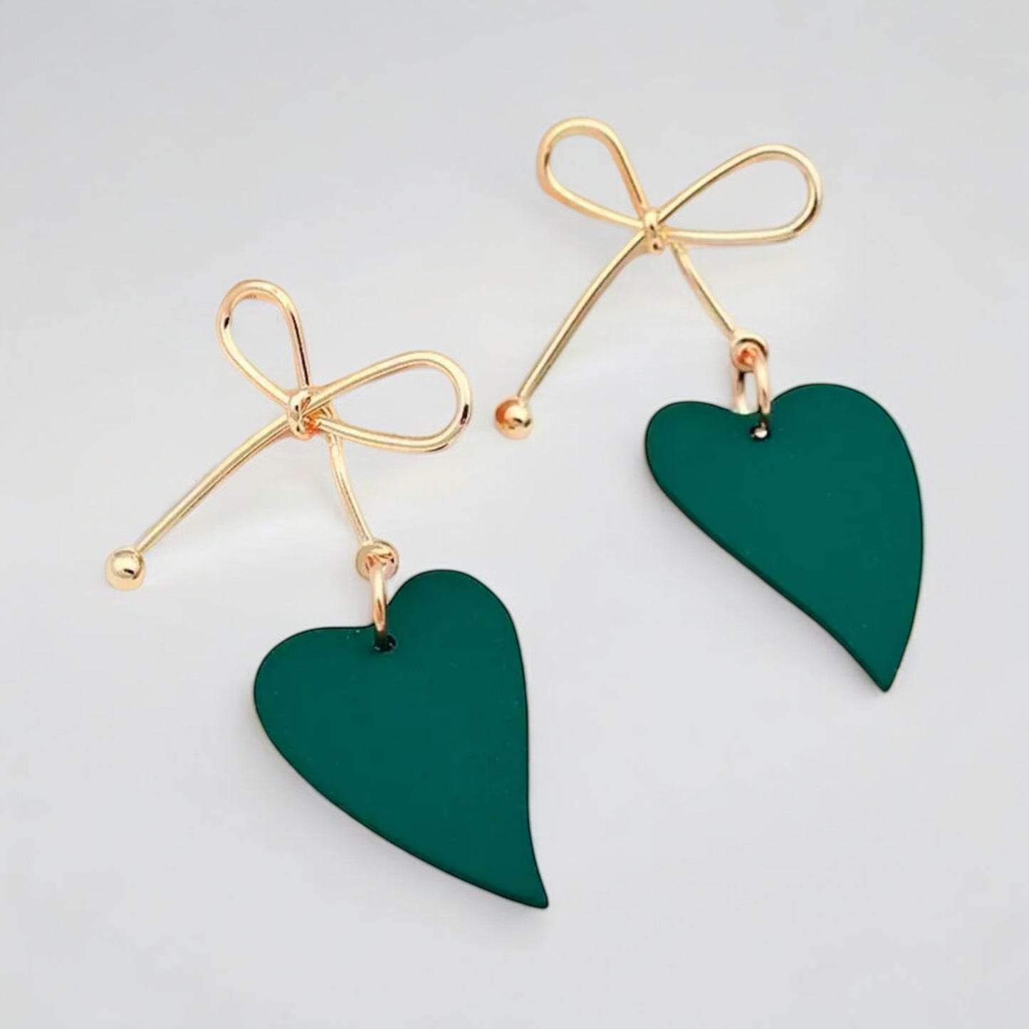Green Heart & Gold Bow Dangle Earrings