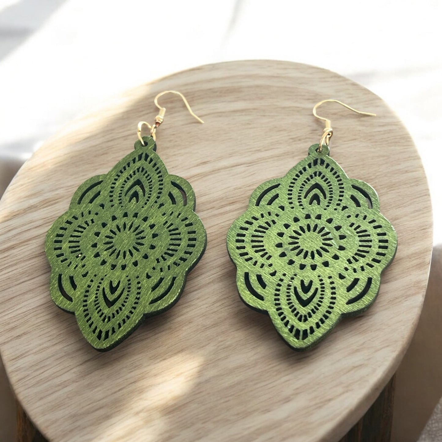 Emerald Mandala Wood Earrings