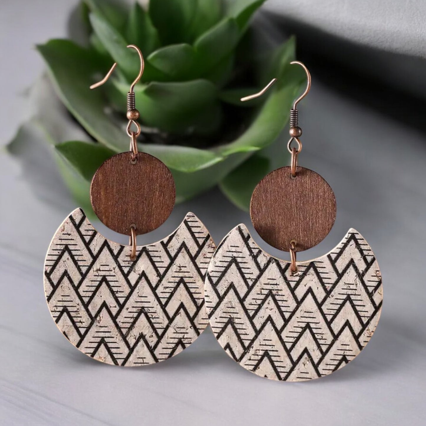 Boho Geometric Half-Crescent Wooden Earrings