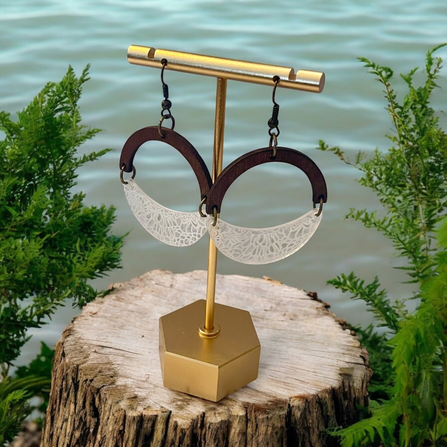 Half-Moon Wood and Acrylic Dangle Earrings