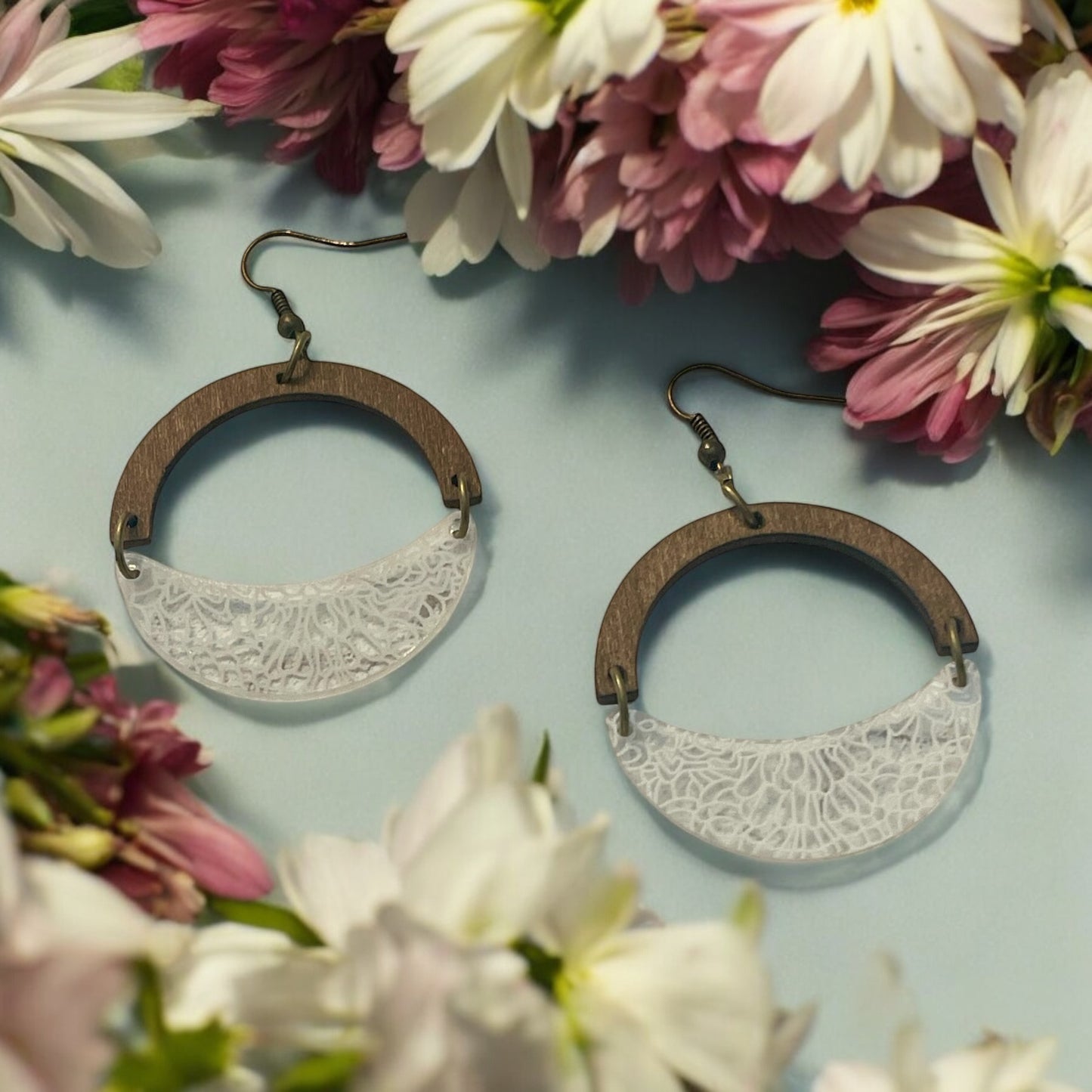 Half-Moon Wood and Acrylic Dangle Earrings