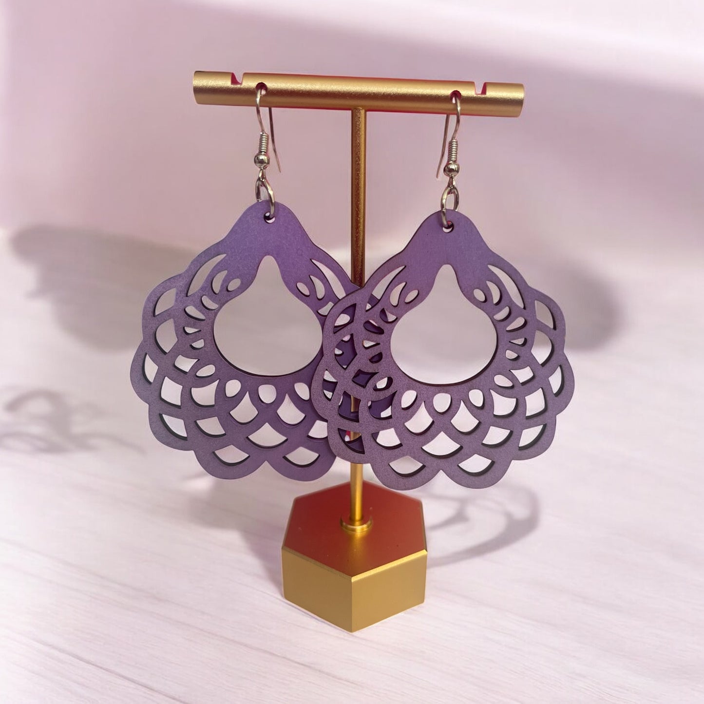 Lavender Bloom Wood Earrings – Delicate Floral Cutout Design