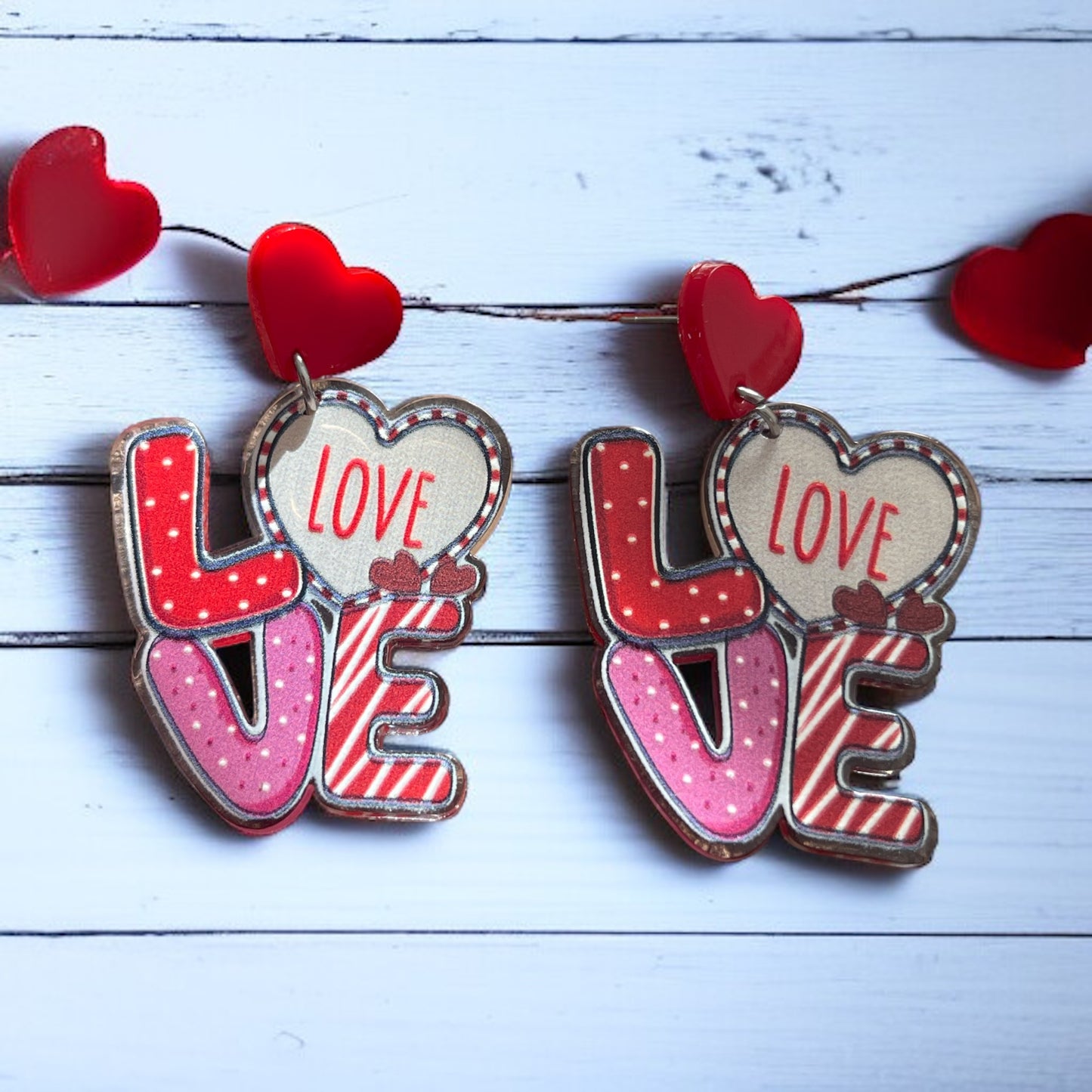 LOVE Statement Dangle Earrings with Red Heart Studs