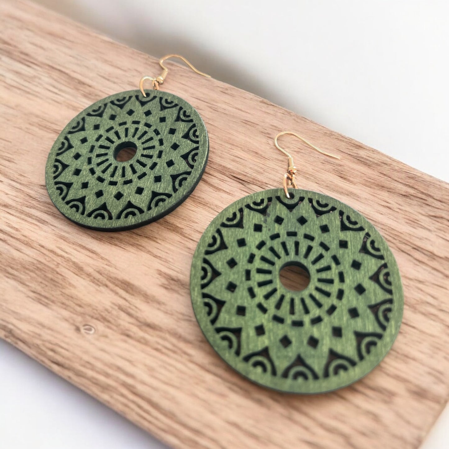 Emerald Mandala Circle Wood Earrings