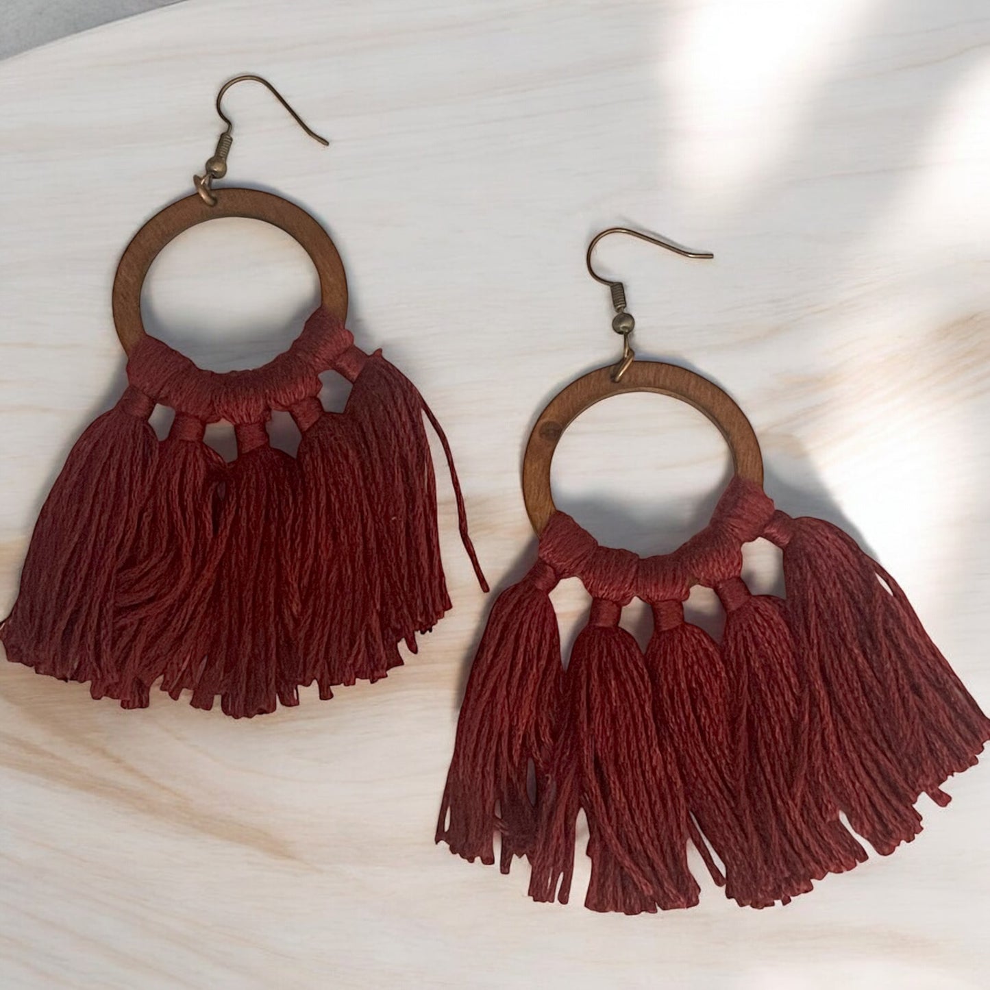 Maroon Tassel Wooden Circle Earrings