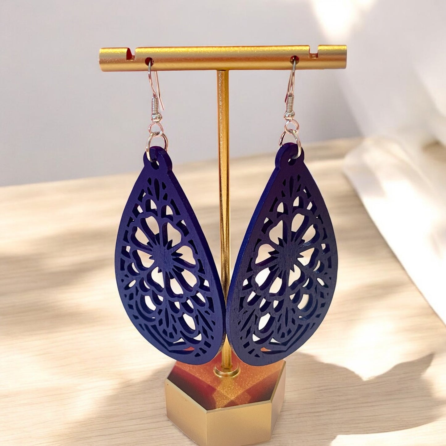 Navy Starburst Wood Earrings