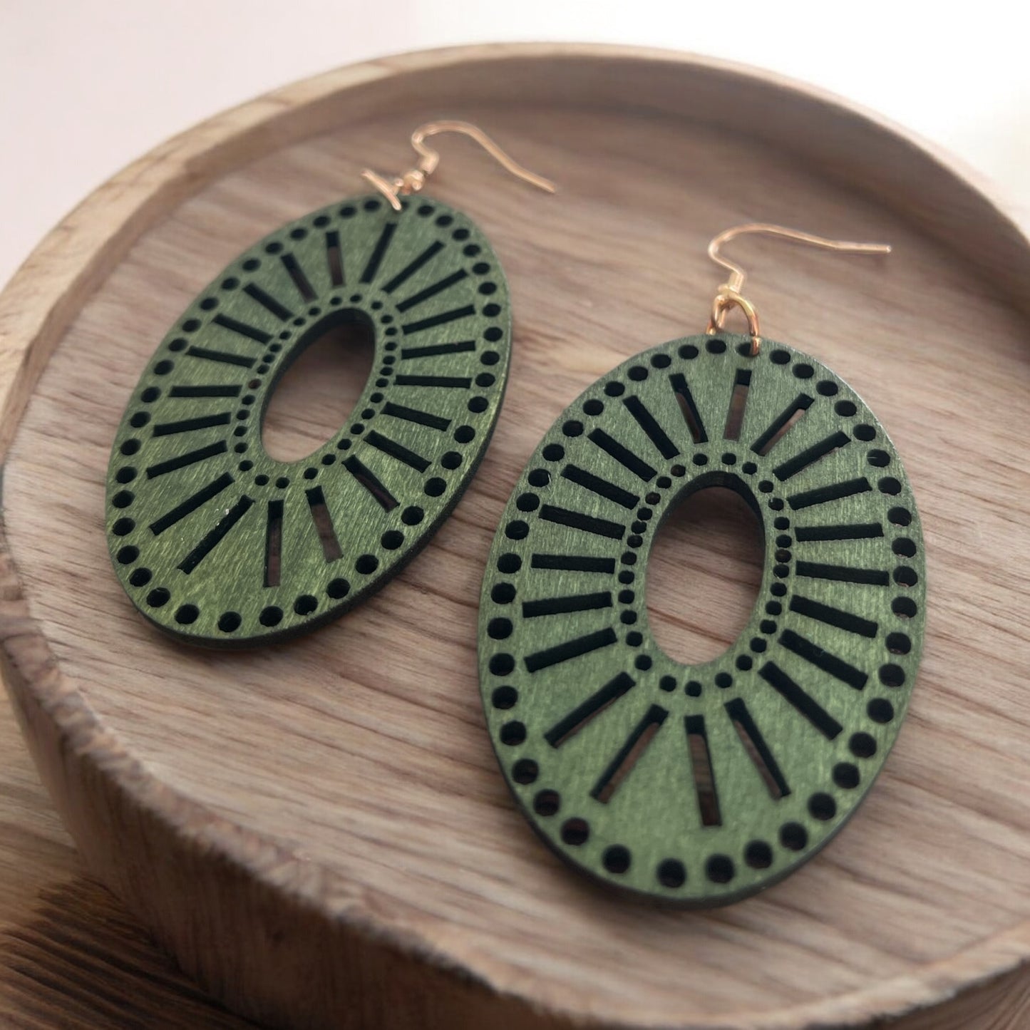 Oval Laser Cut Emerald Wood Earrings