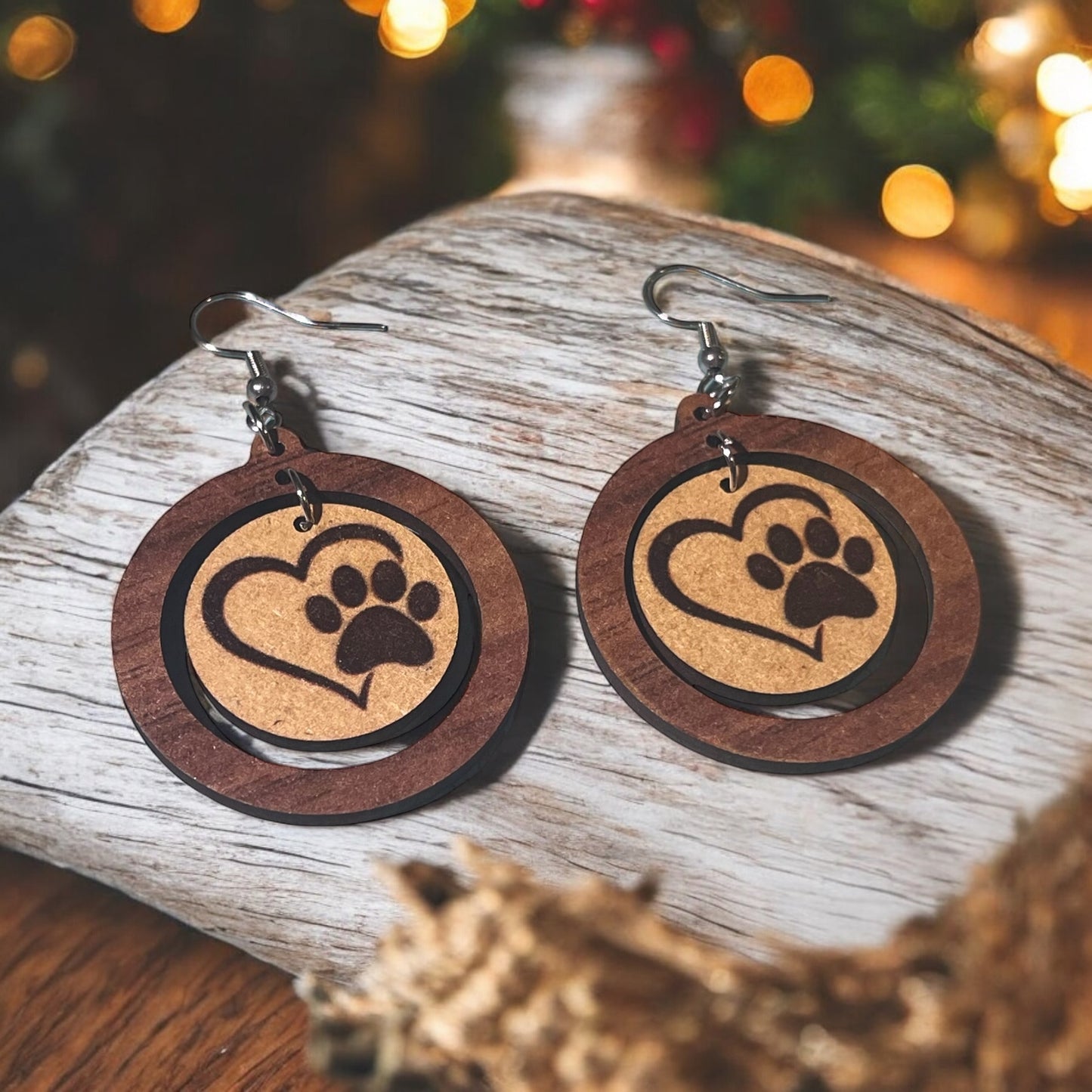 Paw Print Heart Circle Earrings