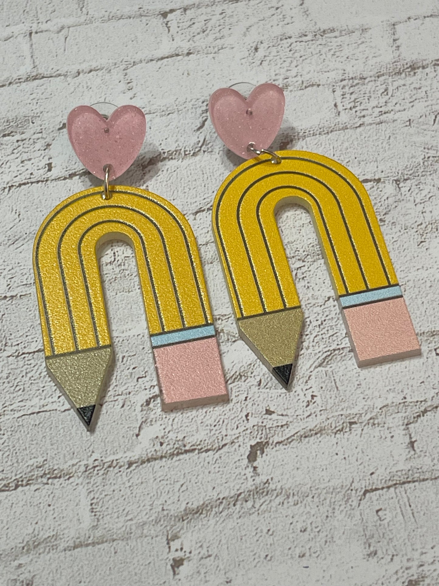 Pencil Earrings with Shimmery Pink Heart Stud