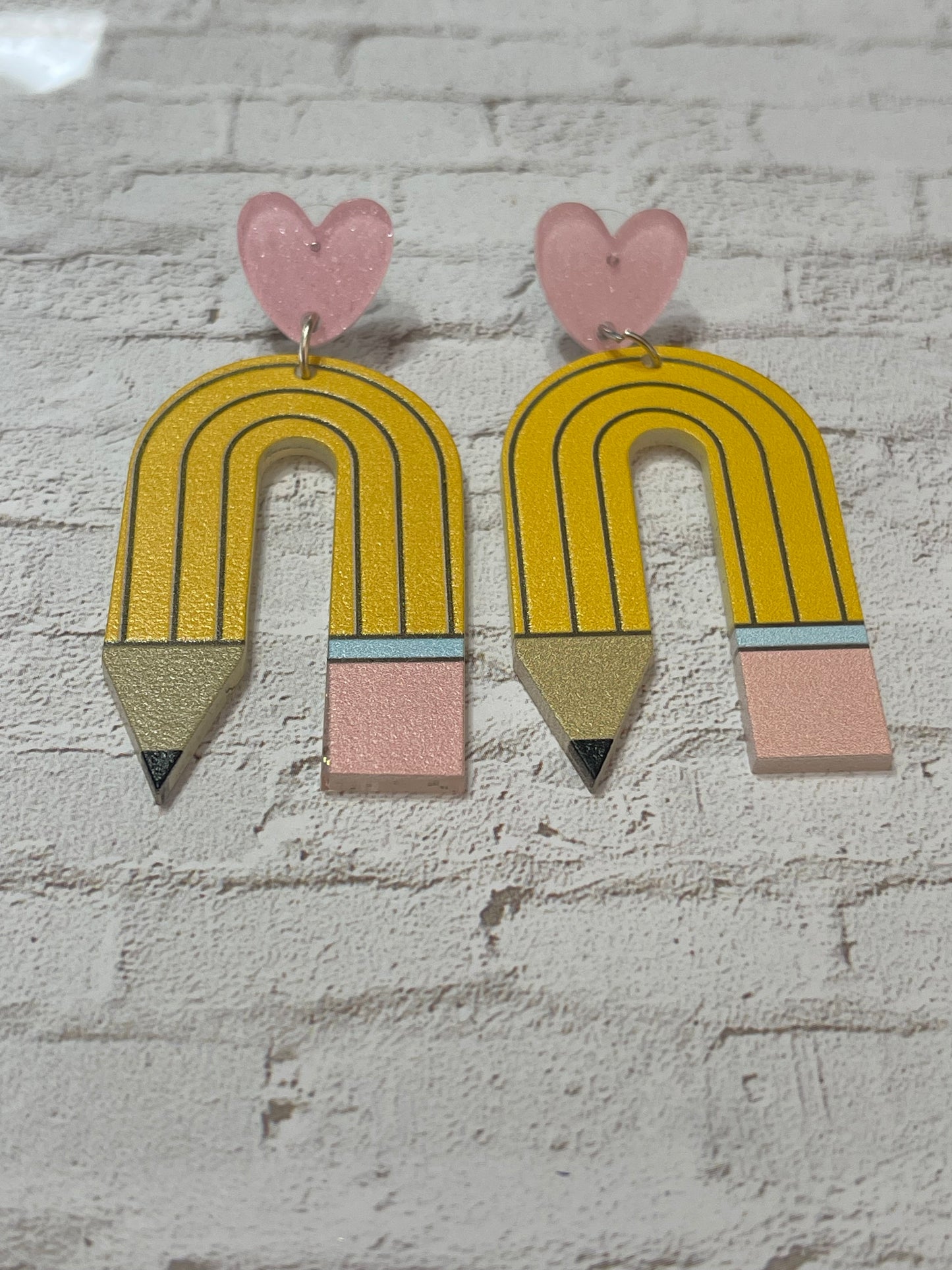 Pencil Earrings with Shimmery Pink Heart Stud