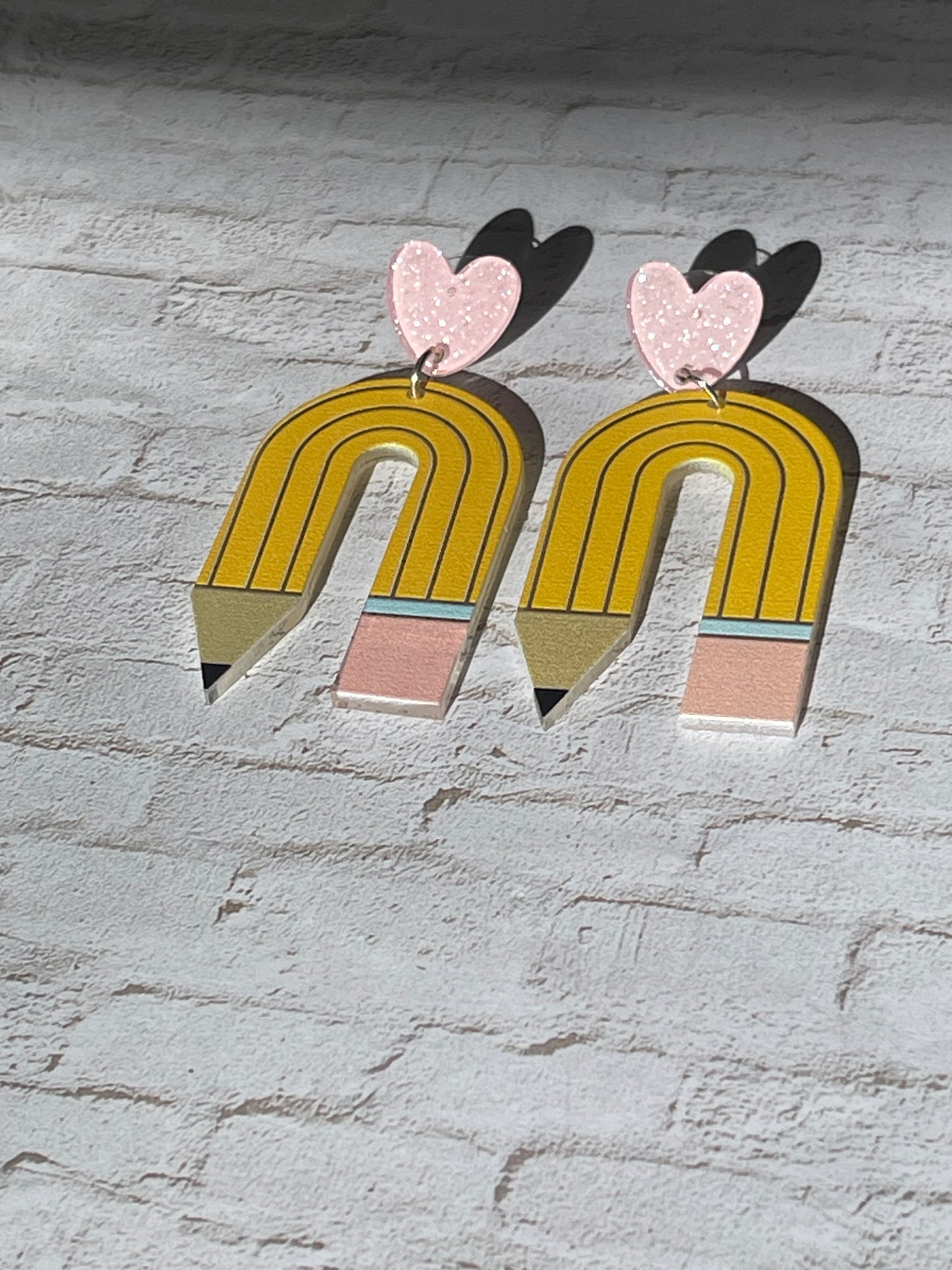 Pencil Earrings with Shimmery Pink Heart Stud