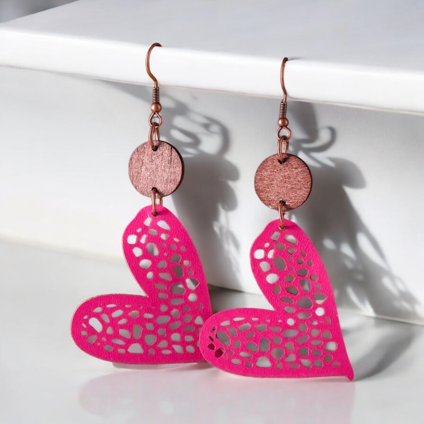 Pink Heart Faux Leather Earrings with Wood Accent