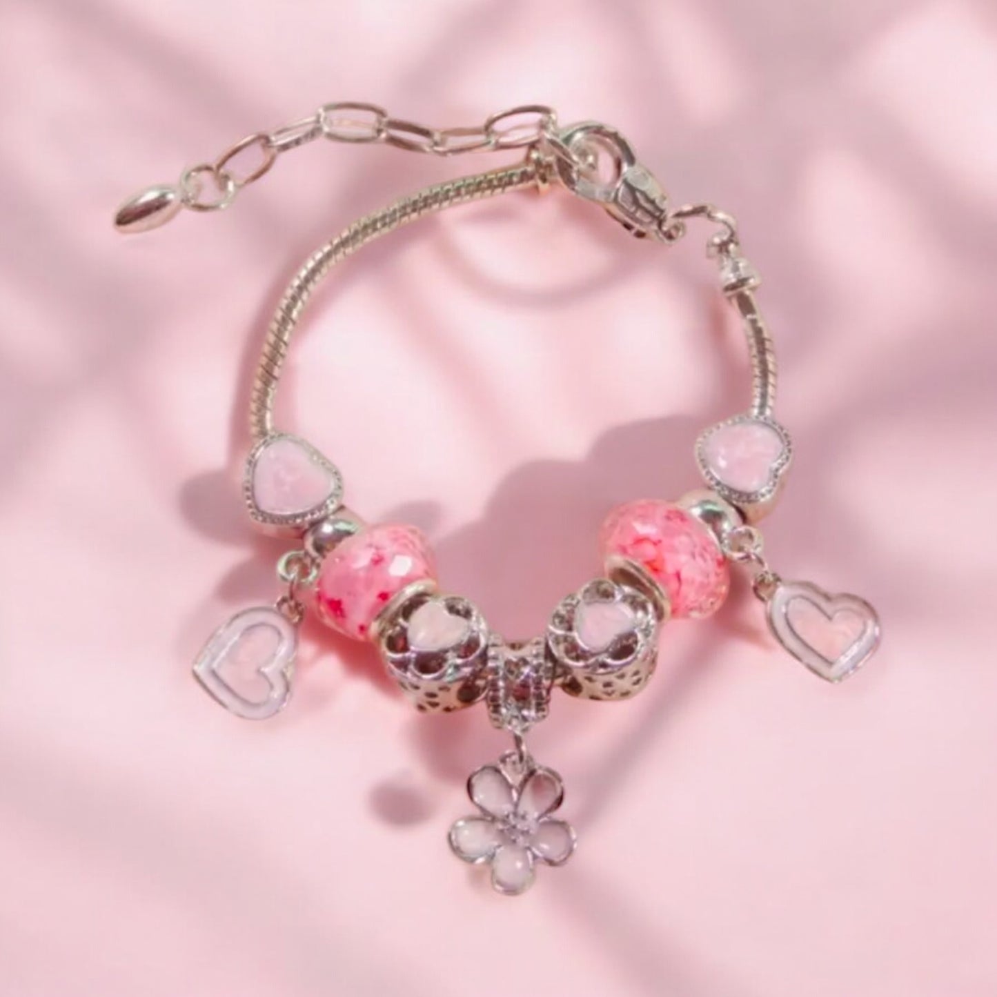 Pink Heart and Flower Charm Bracelet