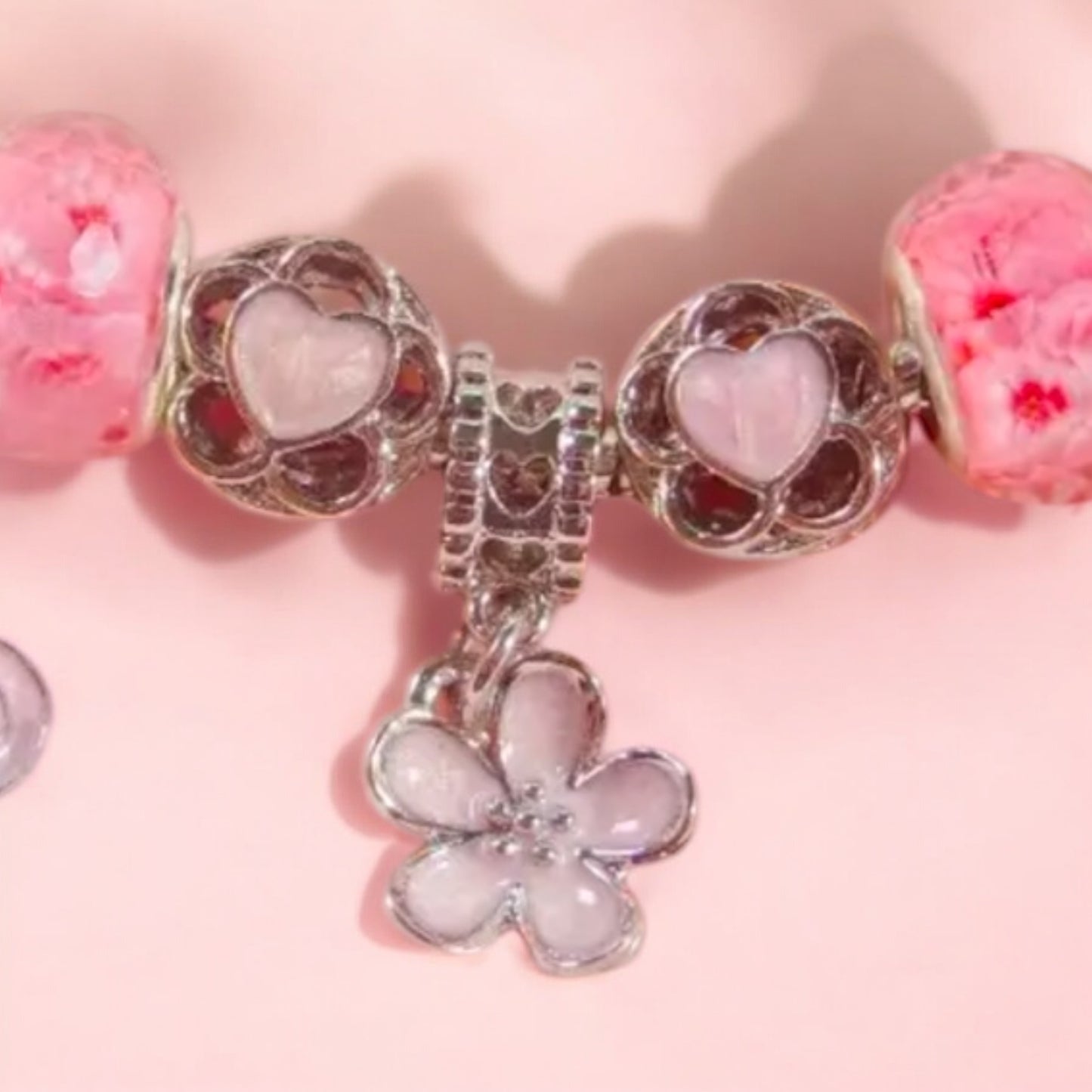 Pink Heart and Flower Silver Charm Bracelet
