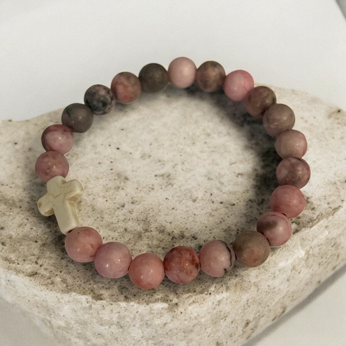Pink, Gray, and Black Cross Beaded Bracelet - Stretchy Faith & Inspirational