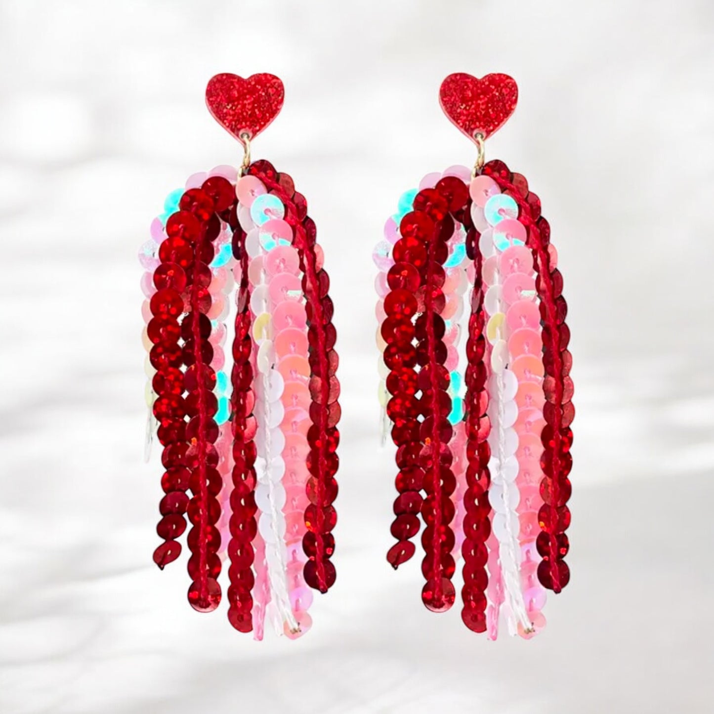 Red and Pink Sequin Tassel Heart Earrings