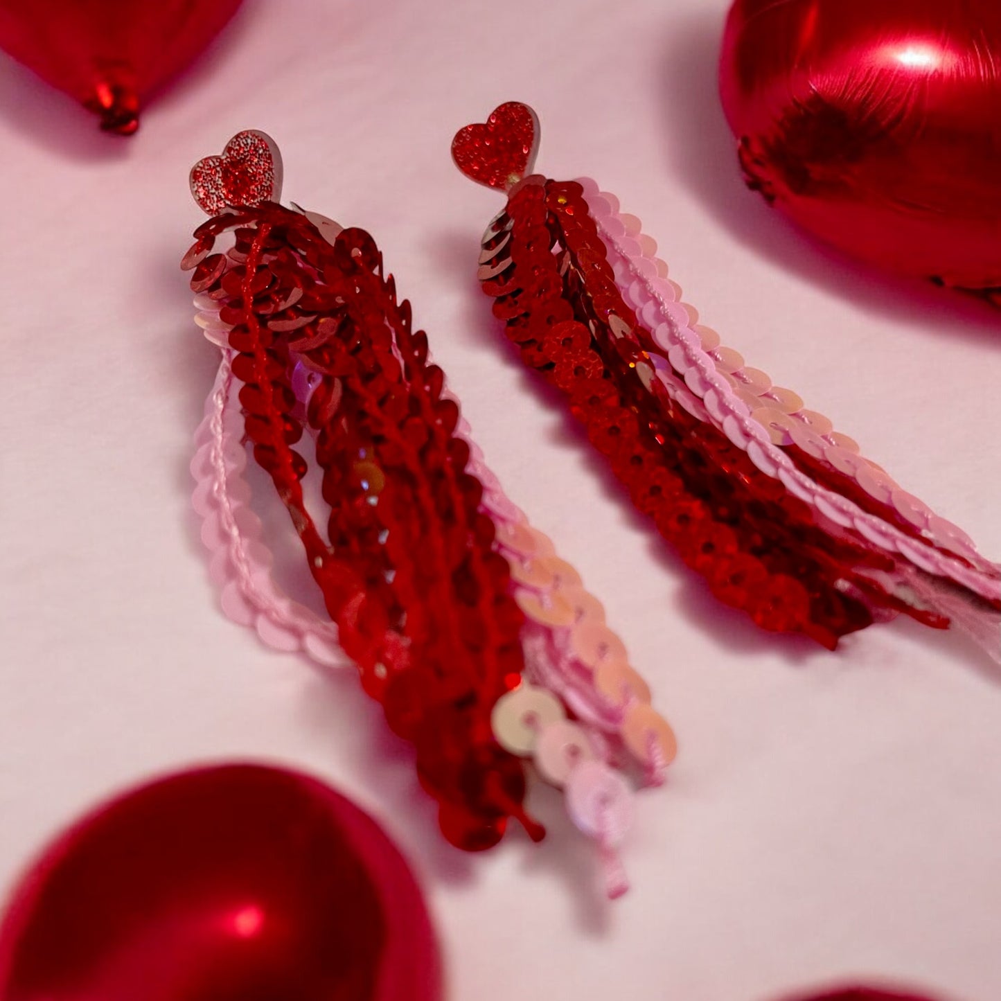 Red and Pink Sequin Tassel Heart Earrings