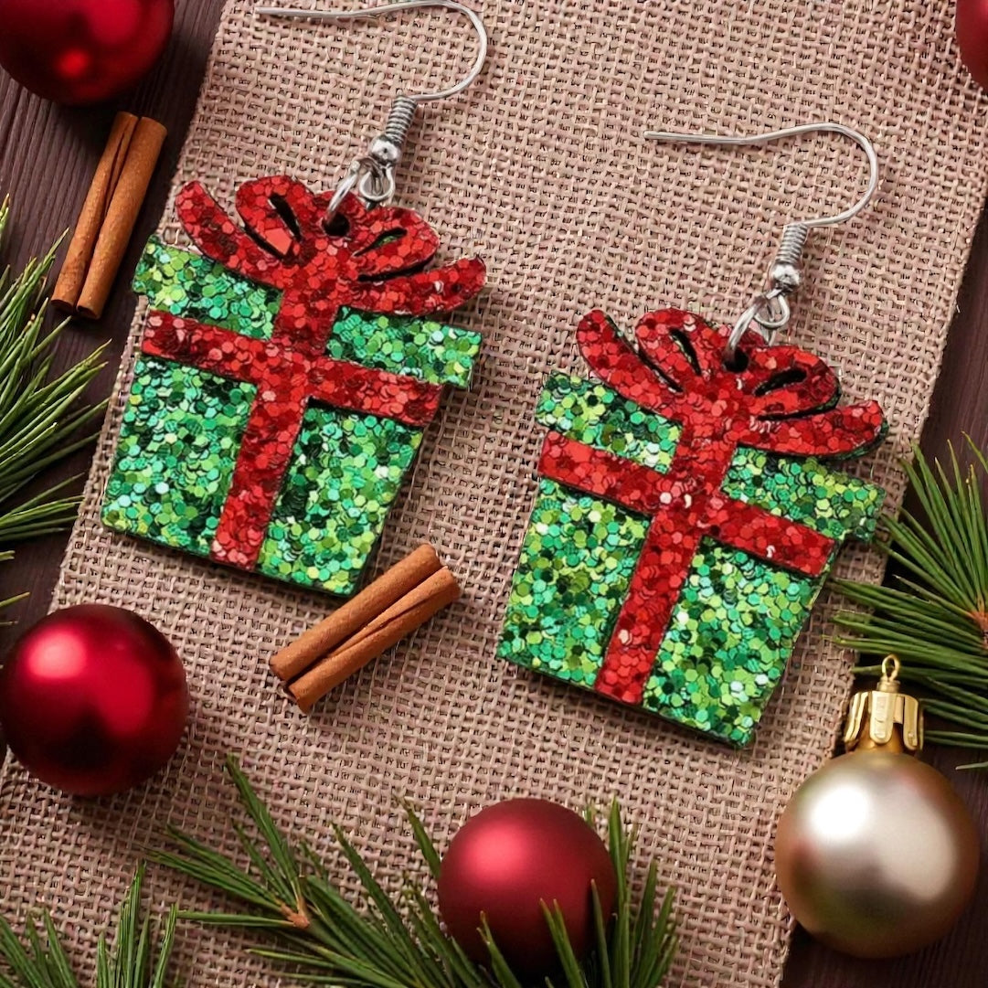 Glittery Christmas Present Earrings – Red & Green Holiday Gift Box Design