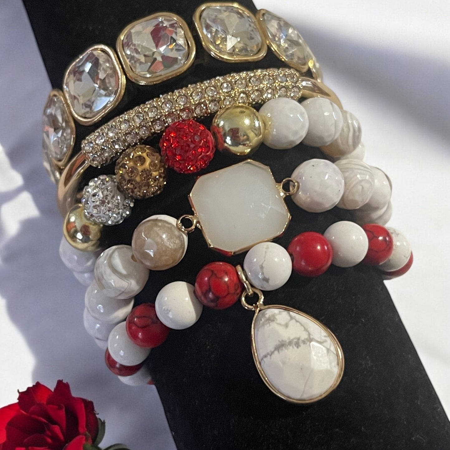 Glamorous White and Red Stackable Bracelet Set