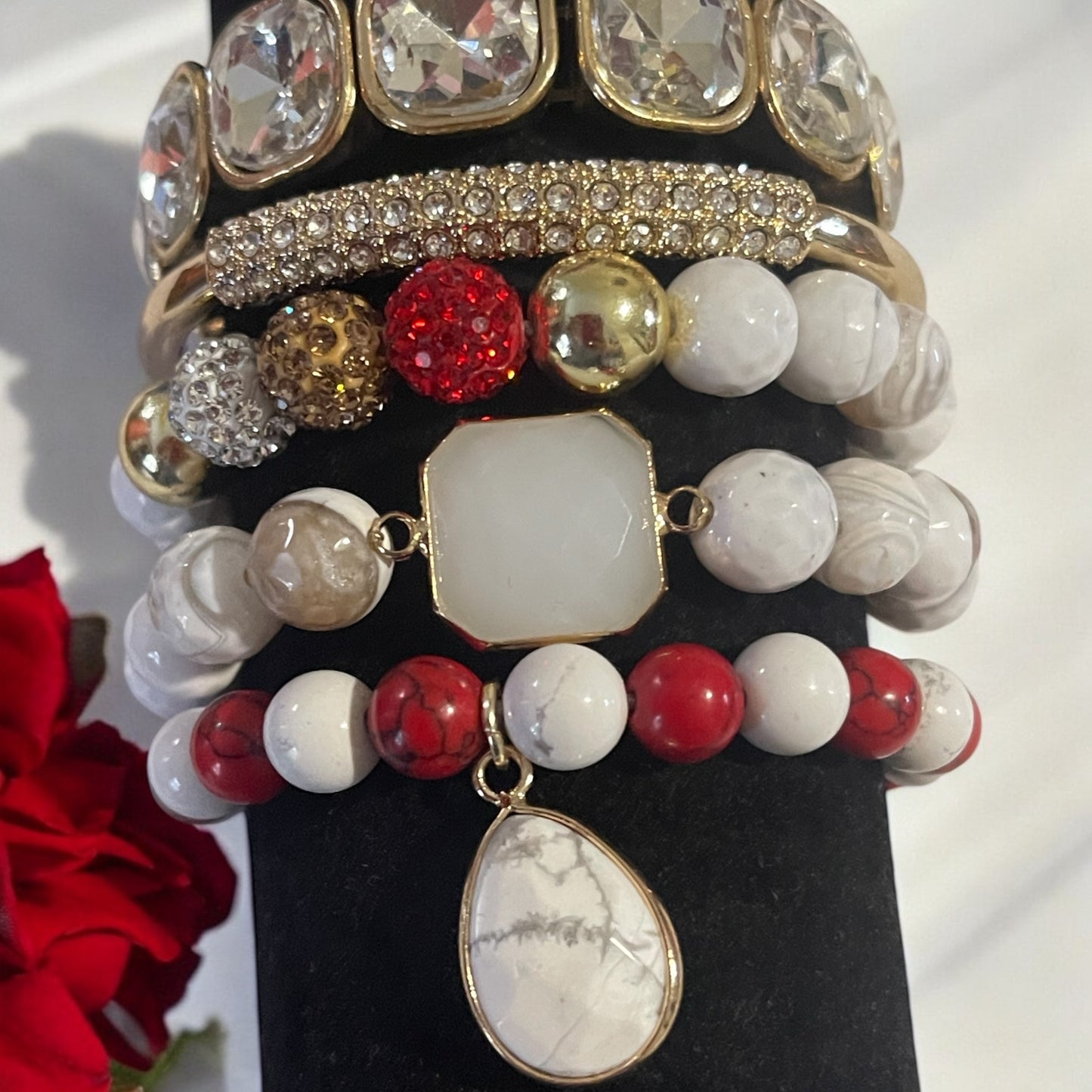 Glamorous White and Red Stackable Bracelet Set