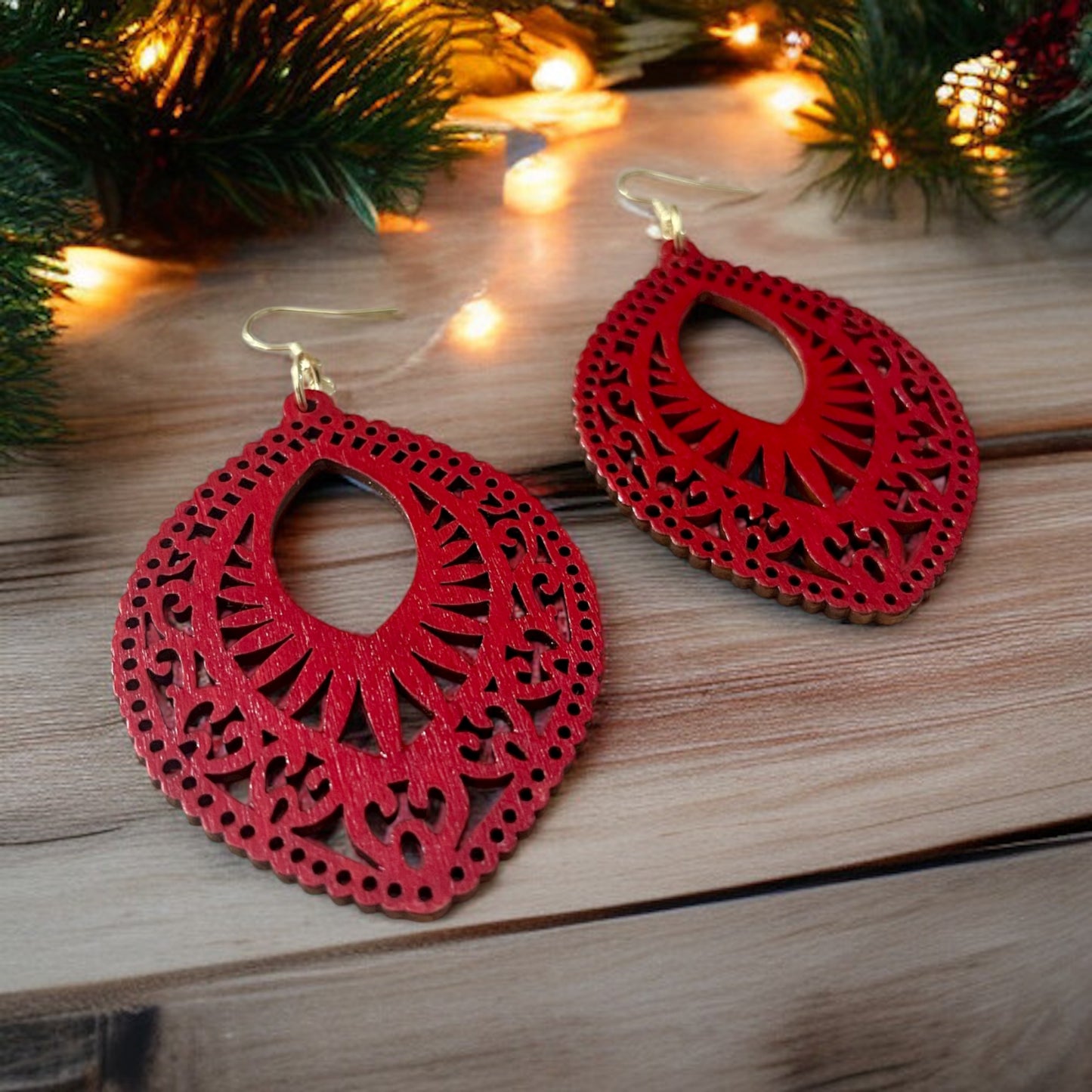 Hand-painted Red Wood Laser-Cut Earrings – Unique Artisan Design