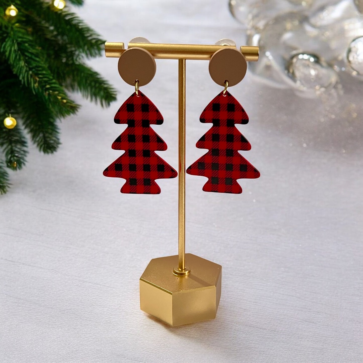 Rustic Plaid Christmas Tree Earrings