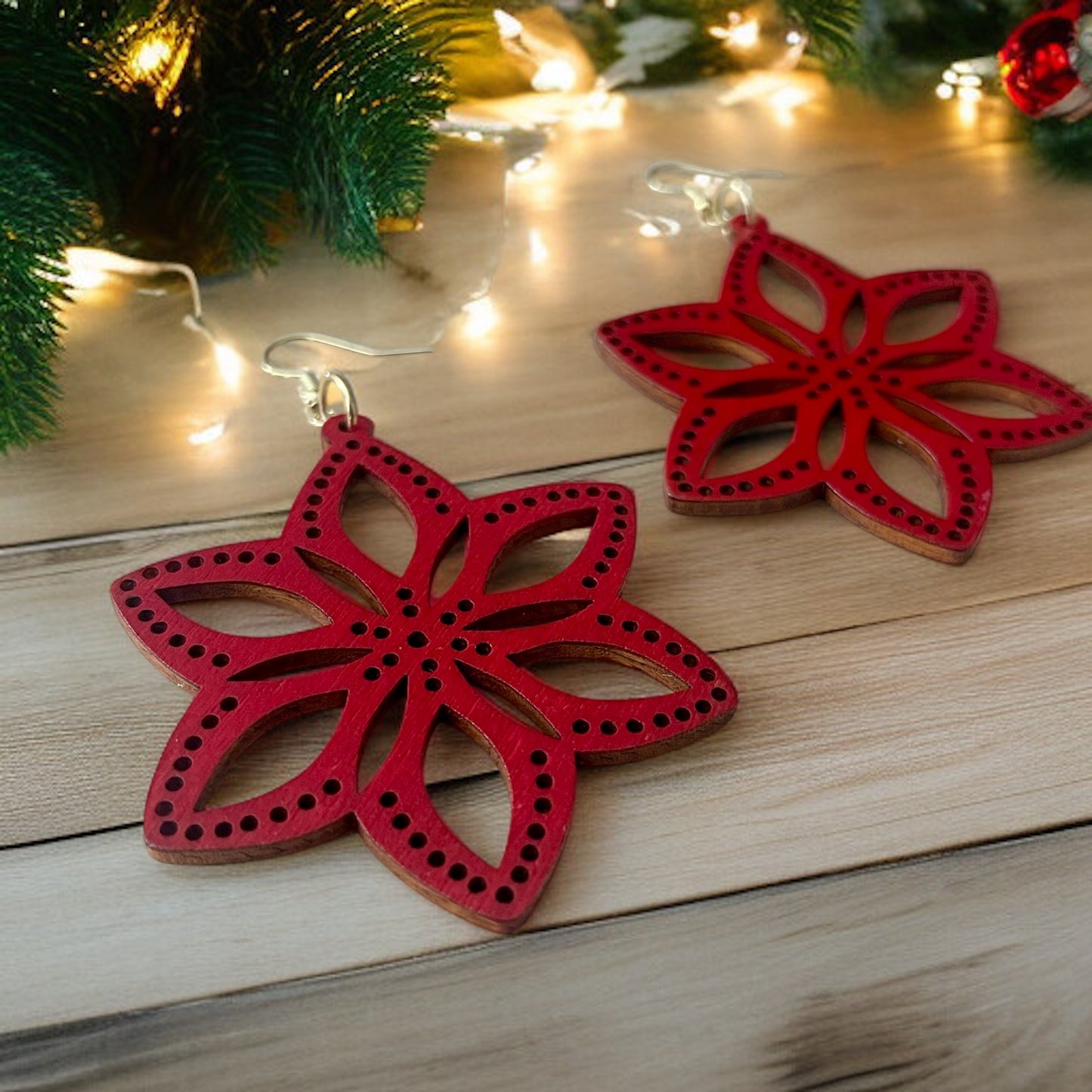 Hand-painted Red Star Laser-Cut Wood Earrings – Festive & Lightweight