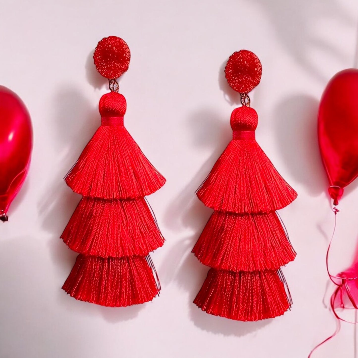 Bold Red Tiered Tassel Earrings