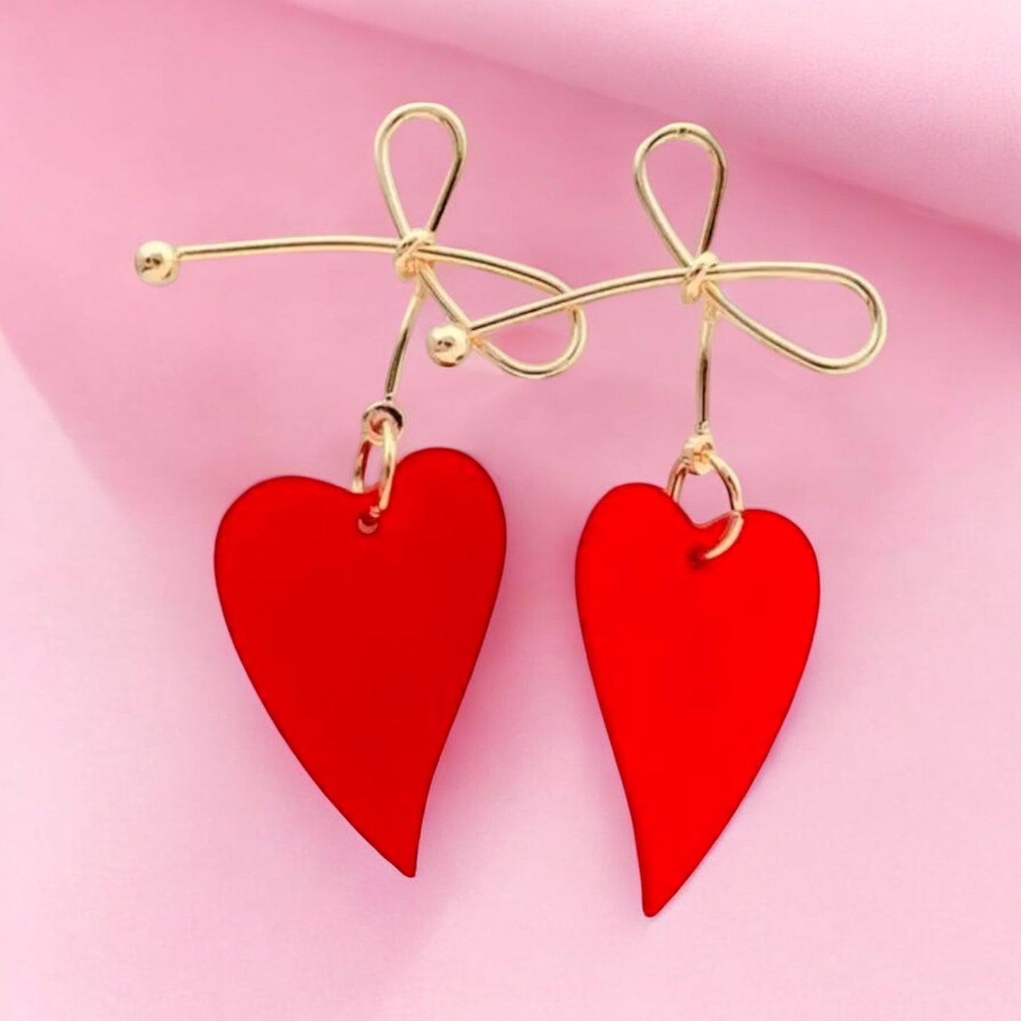 Red Heart Drop Earrings with Gold Bow Accent