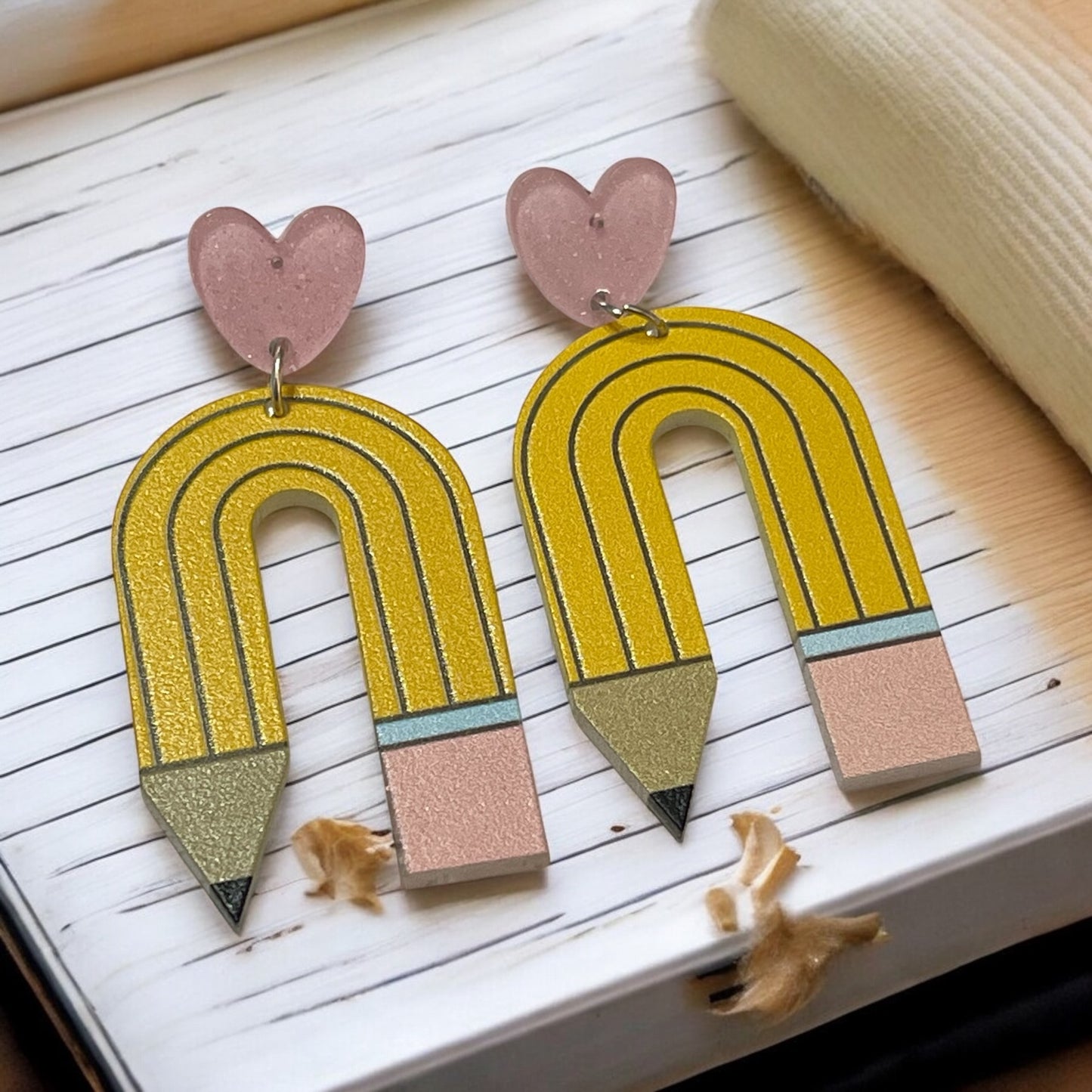 Pencil Earrings with Shimmery Pink Heart Stud