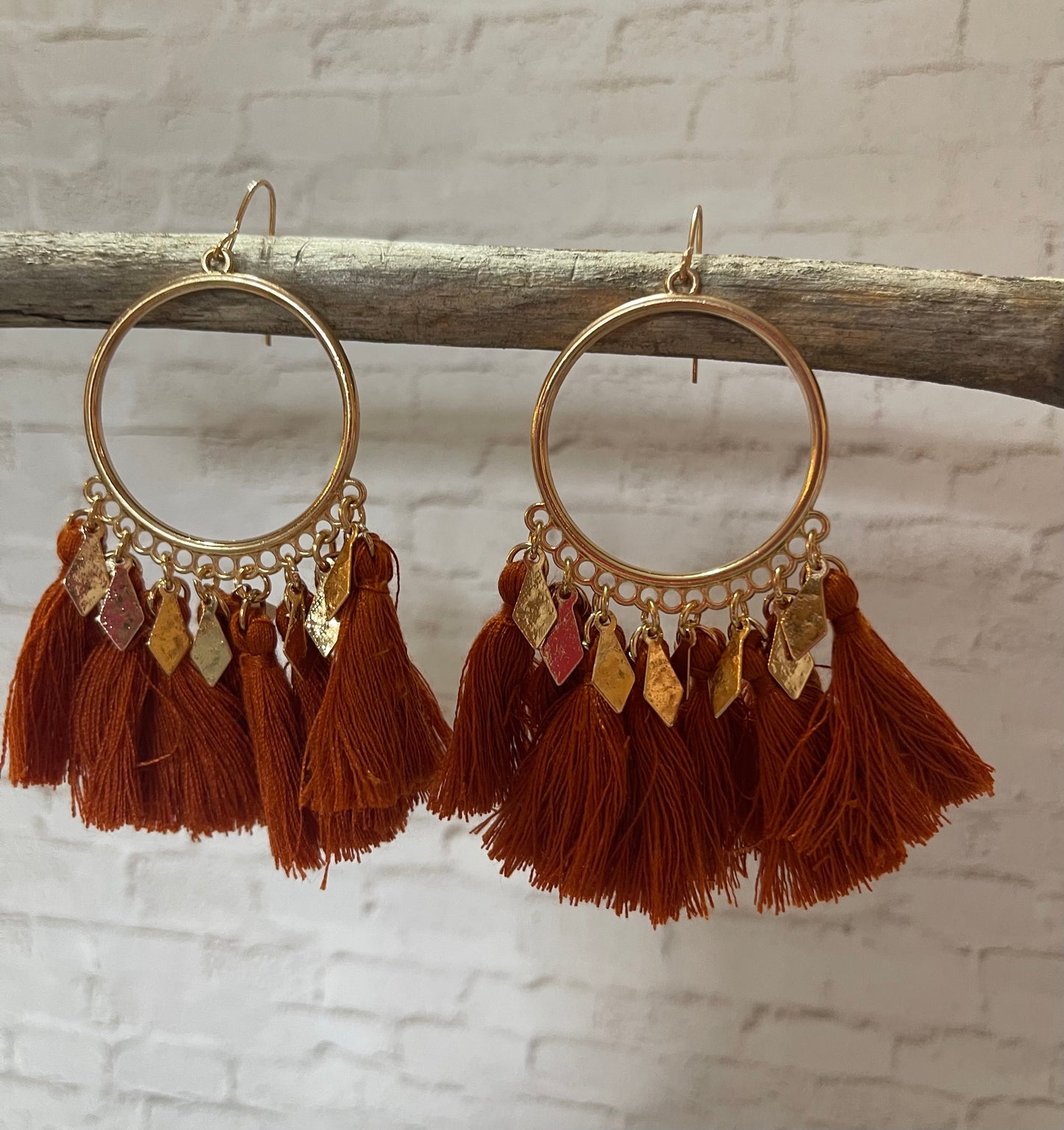 Boho Burnt Orange Tassel Hoop Earrings