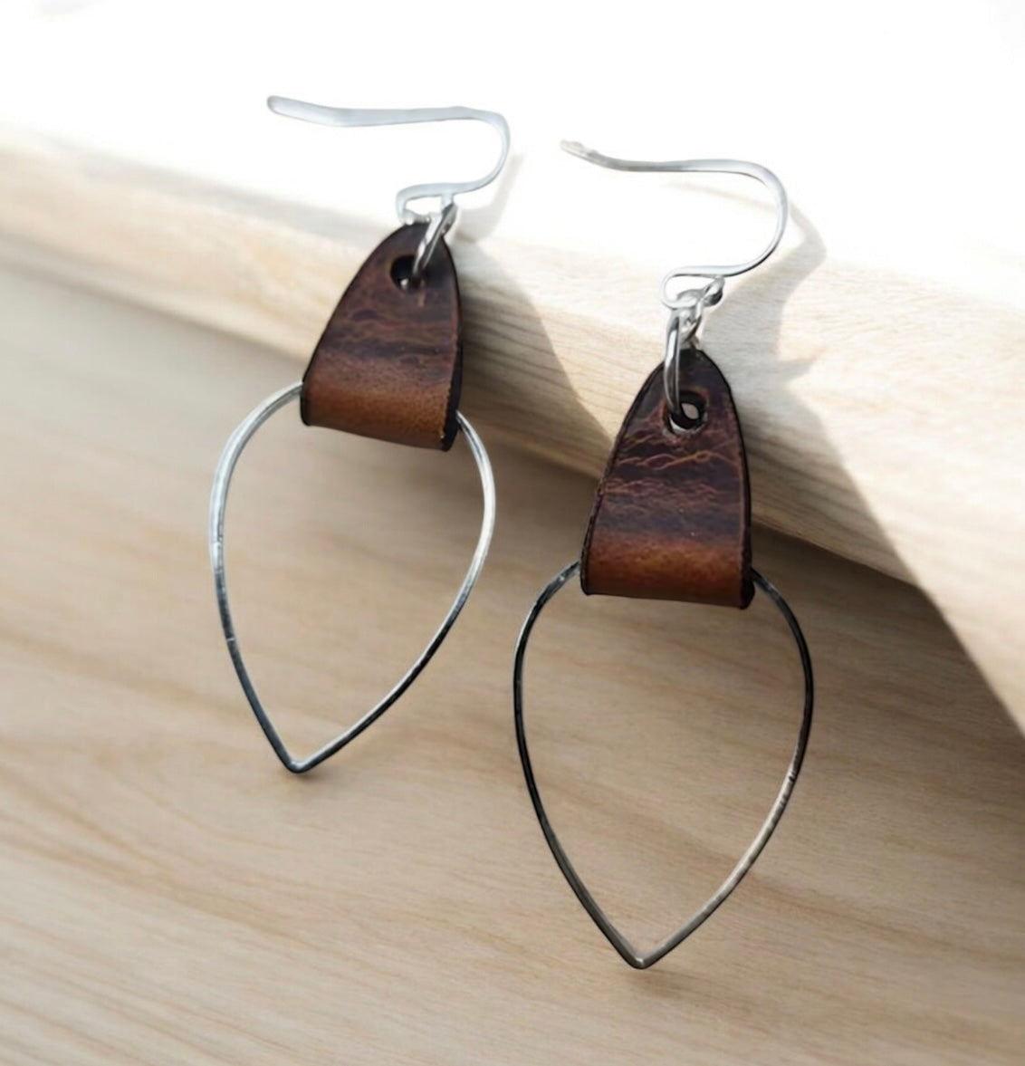 Silver Teardrop Earrings with Brown Faux Leather Accent
