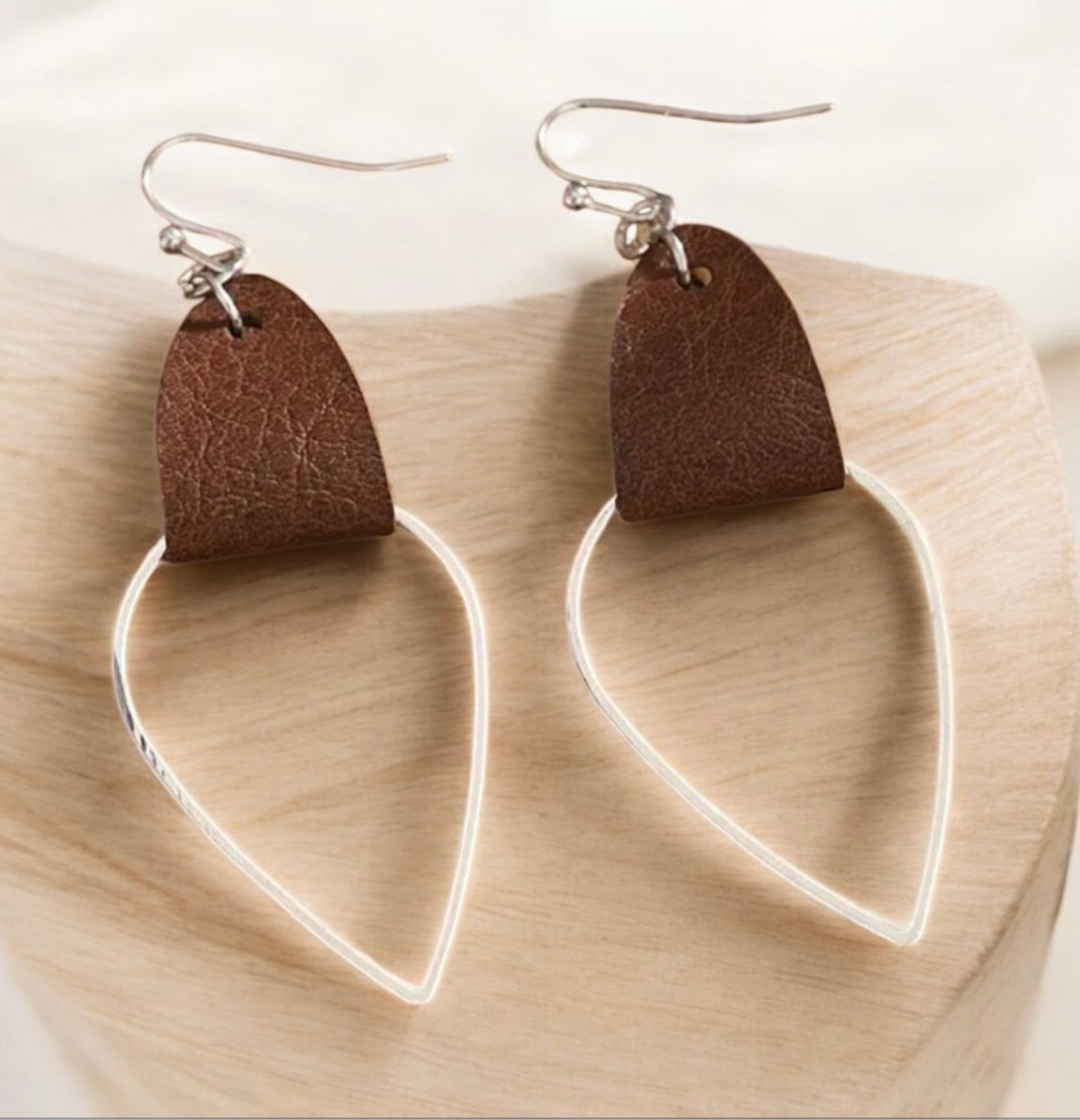 Silver Teardrop Earrings with Brown Faux Leather Accent