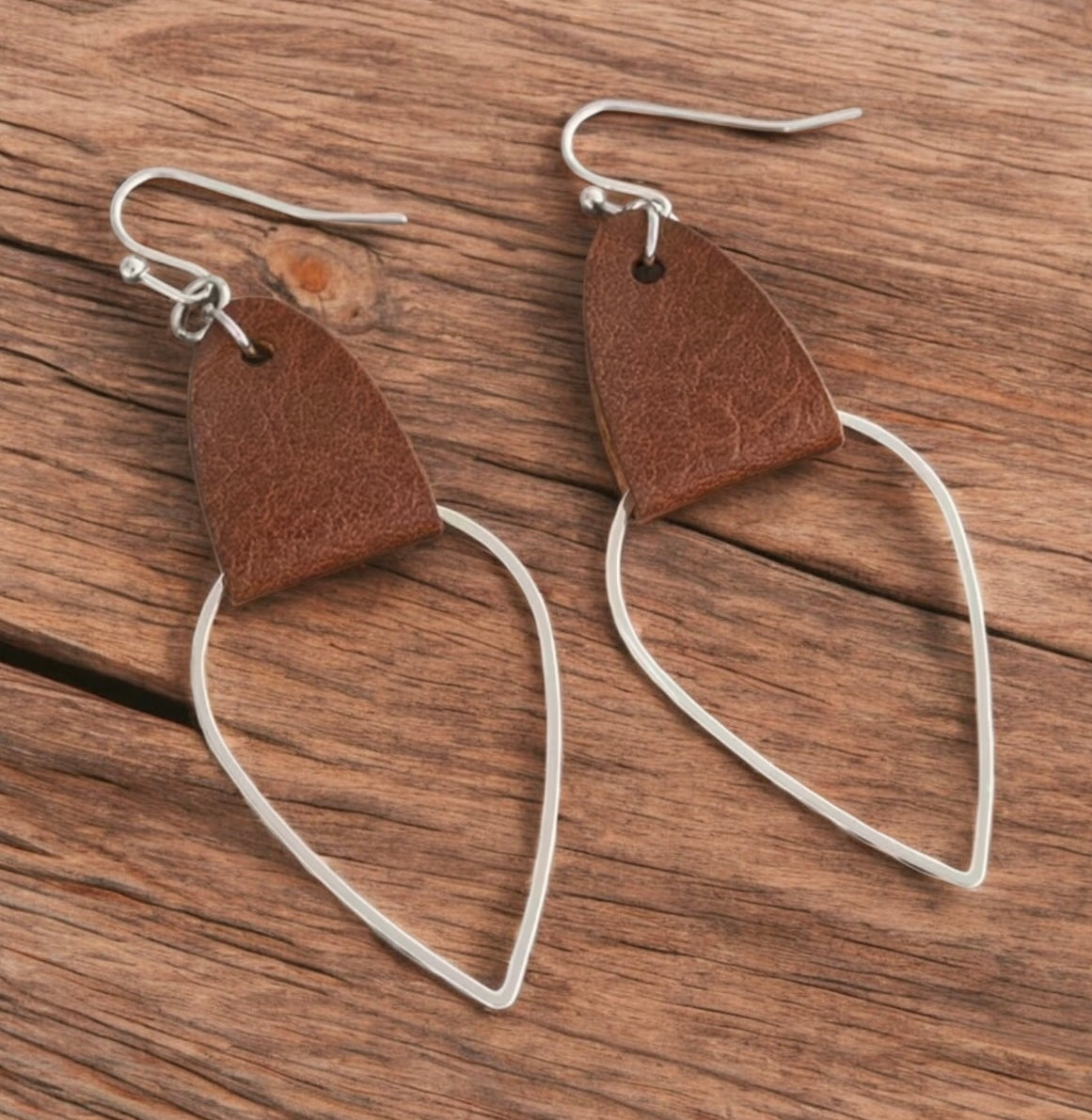 Silver Teardrop Earrings with Brown Faux Leather Accent