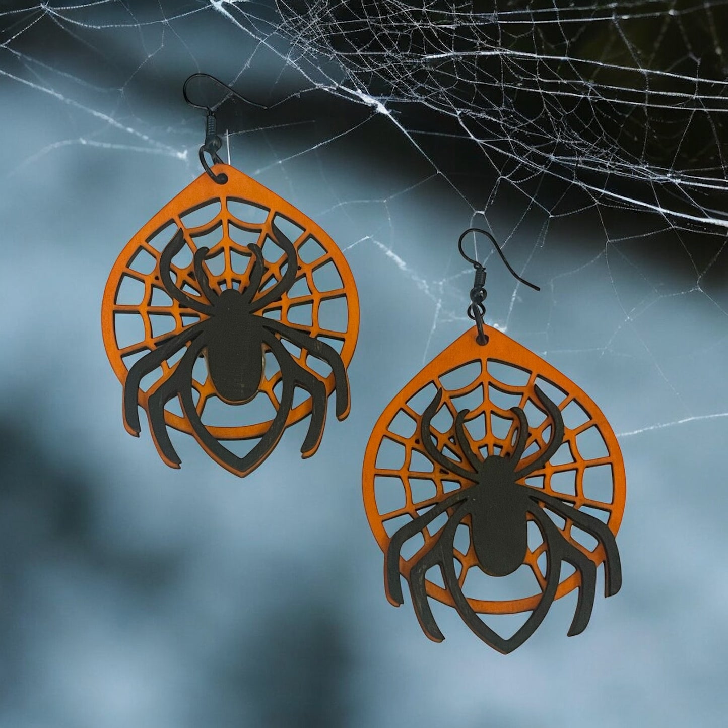 Laser-Cut Wood Spider Web Earrings – Orange & Black Halloween Design