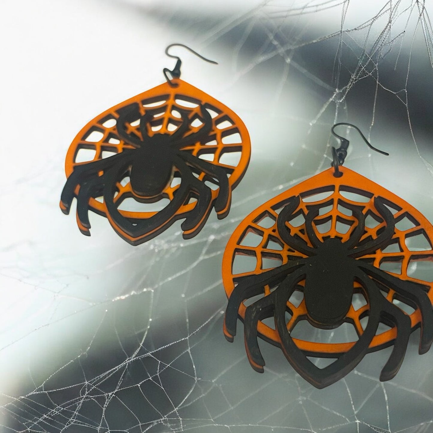 Laser-Cut Wood Spider Web Earrings – Orange & Black Halloween Design