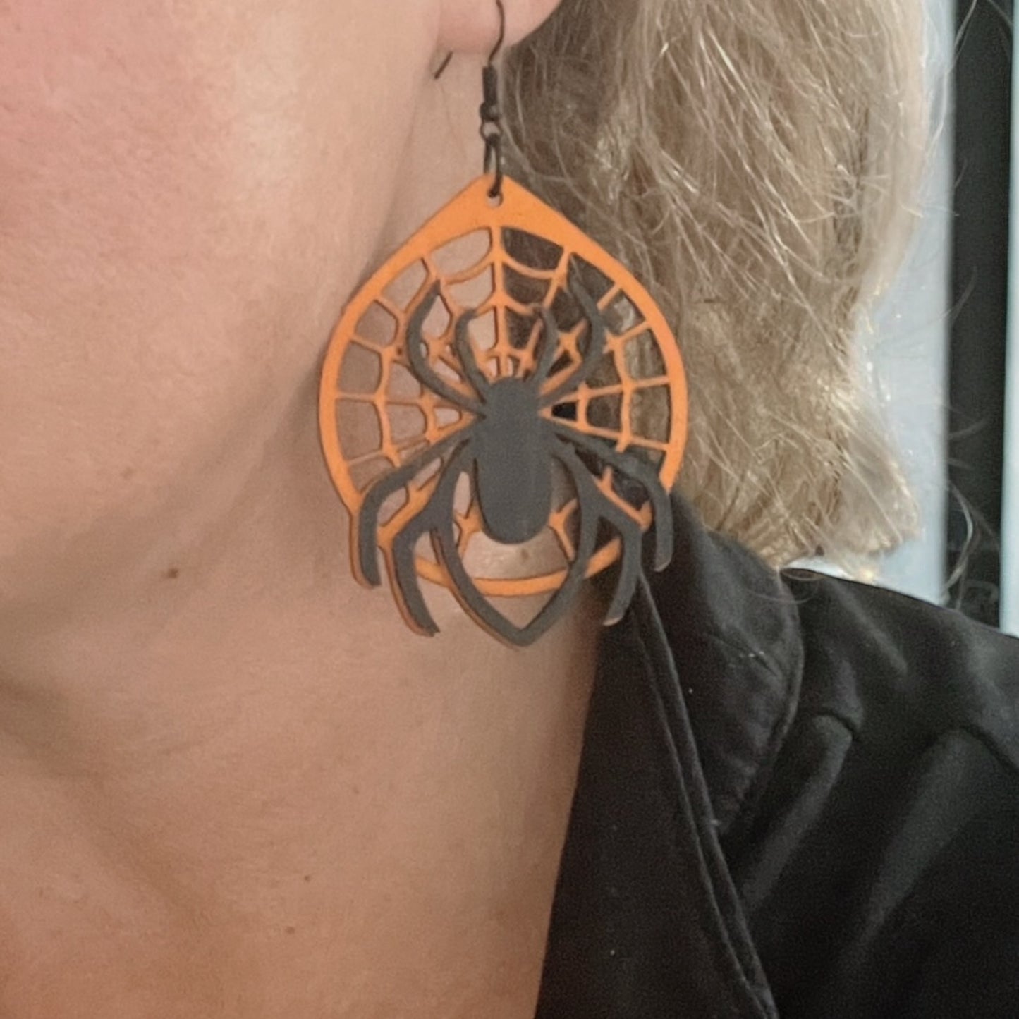 Laser-Cut Wood Spider Web Earrings – Orange & Black Halloween Design