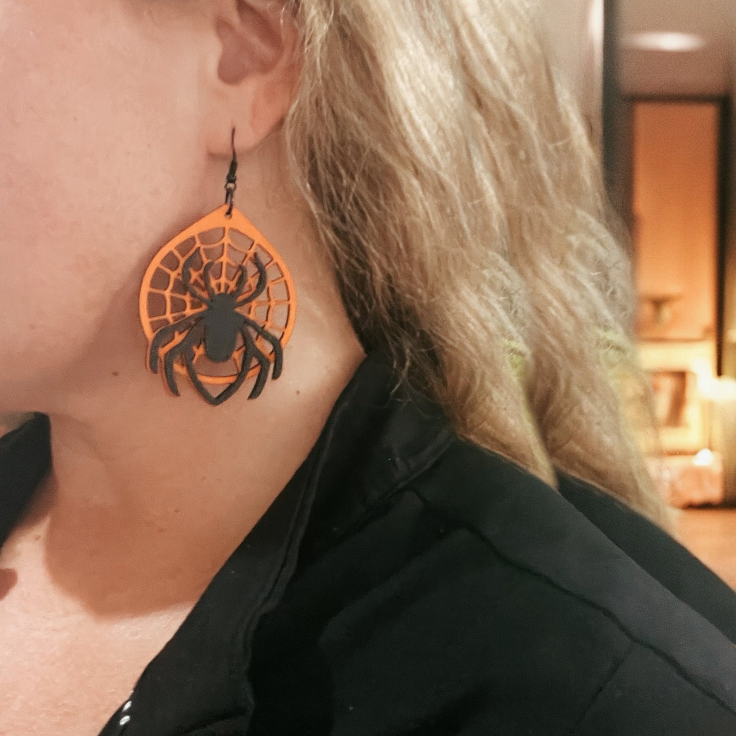Laser-Cut Wood Spider Web Earrings – Orange & Black Halloween Design