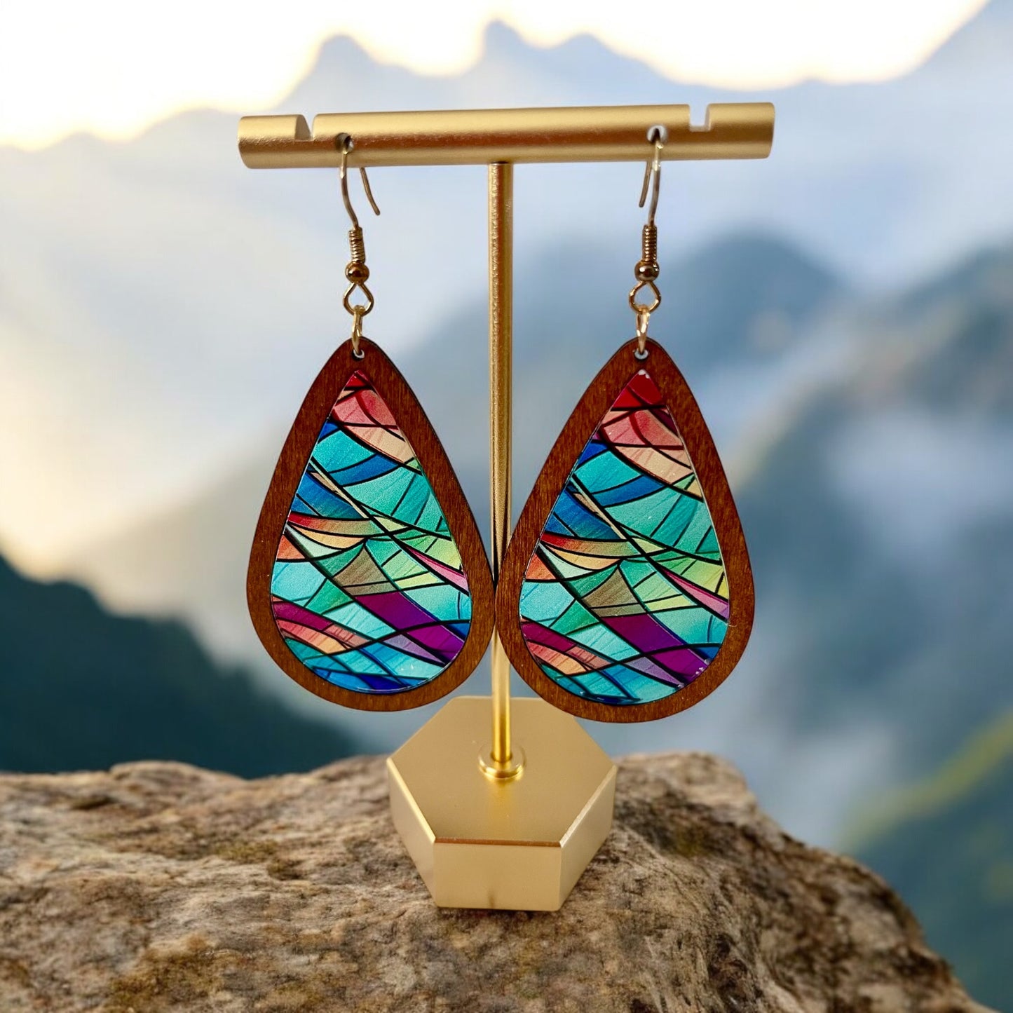 Vibrant Stained Glass Teardrop Wooden Earrings